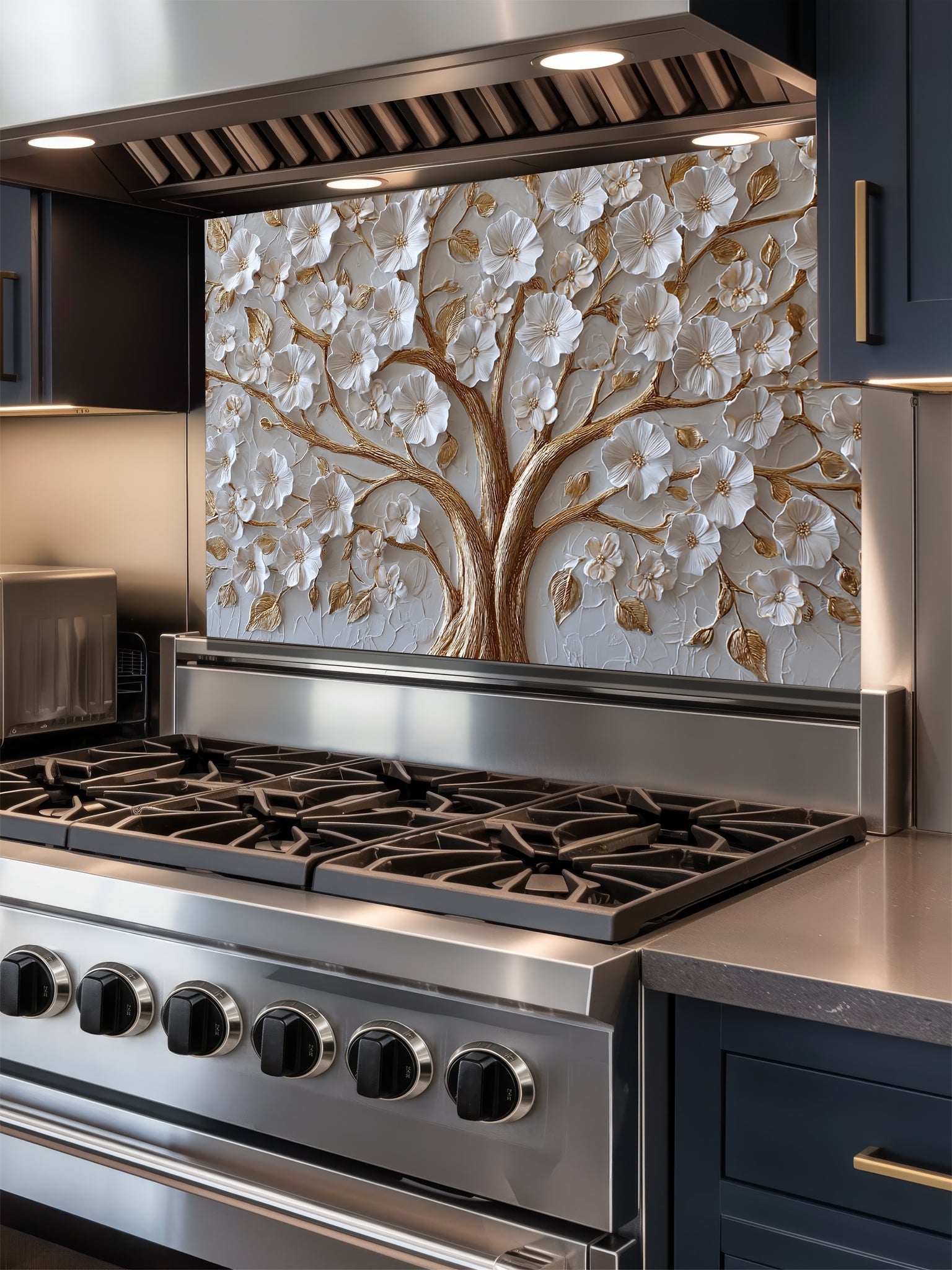 Faux 3D sculpted relief of a floral tree with pearl-white blossoms and heavy molten gold branches on a textured champagne background, UV printed on a smooth tempered glass kitchen backsplash.