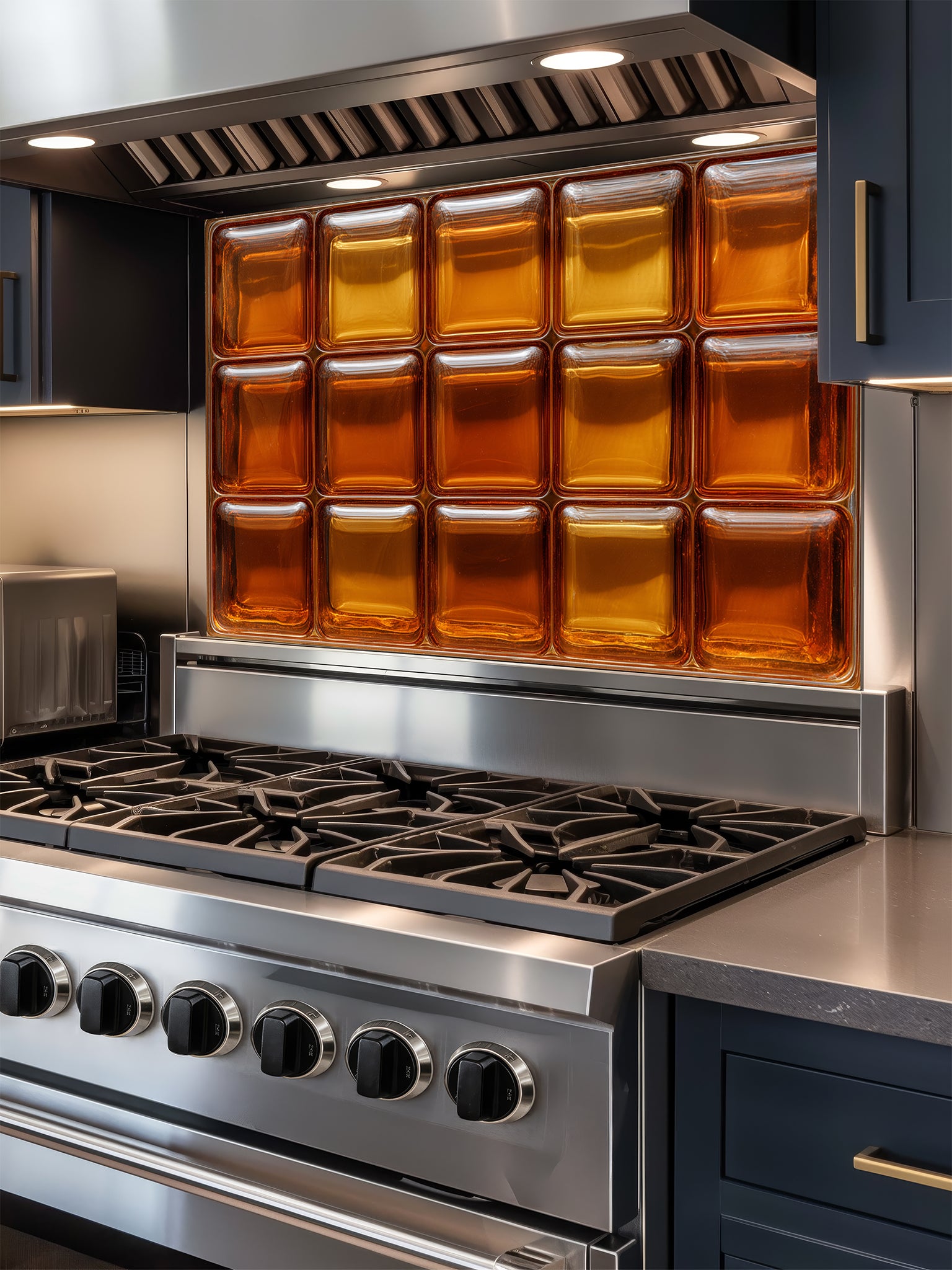 Tempered glass kitchen backsplash featuring a highly realistic 3D illusion of textured retro glass blocks in glowing, warm shades of amber and honey gold, installed behind a modern stainless steel stove.