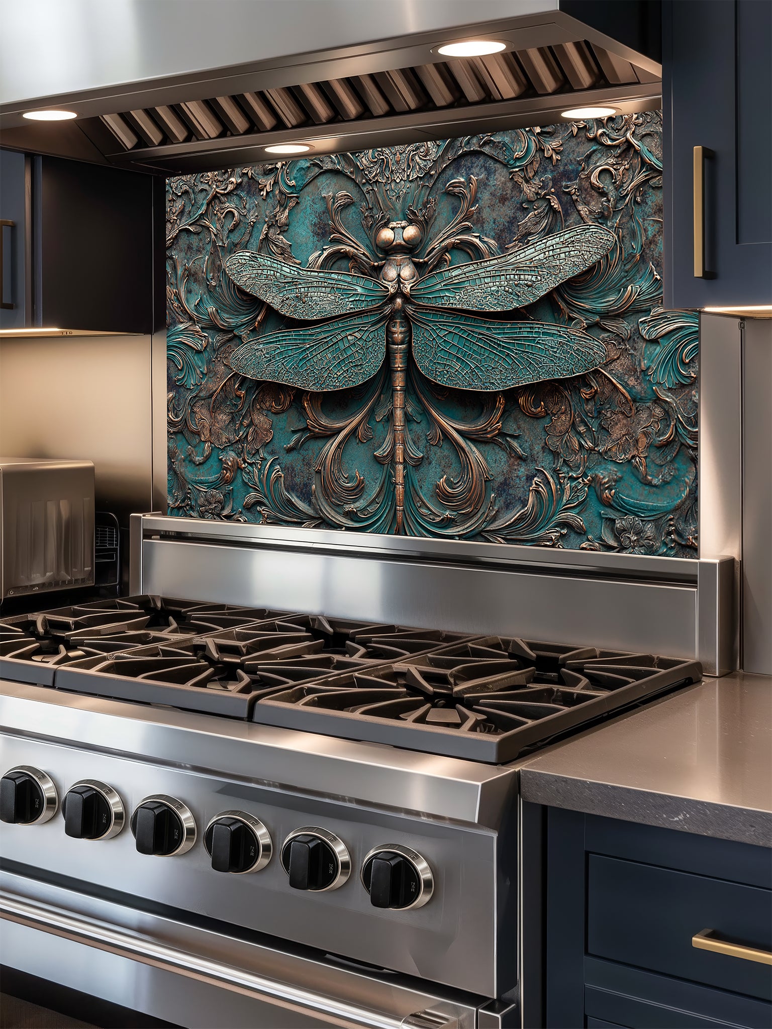 Tempered glass kitchen backsplash featuring a highly realistic 3D faux metal relief design of a detailed dragonfly and ornate antique bronze baroque scrollwork over a textured oxidized teal background, installed behind a modern stainless steel stove.