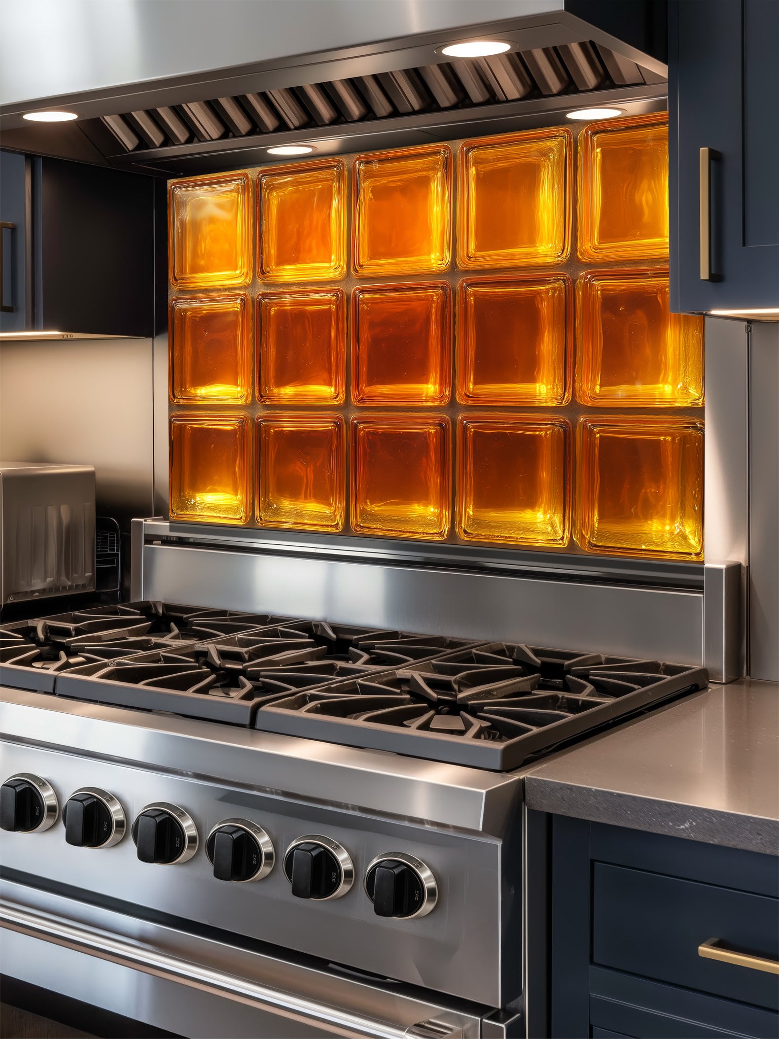 A retro-style kitchen featuring a tempered glass backsplash with a highly realistic faux amber glass block design, giving a warm glowing illusion behind a modern black stove.