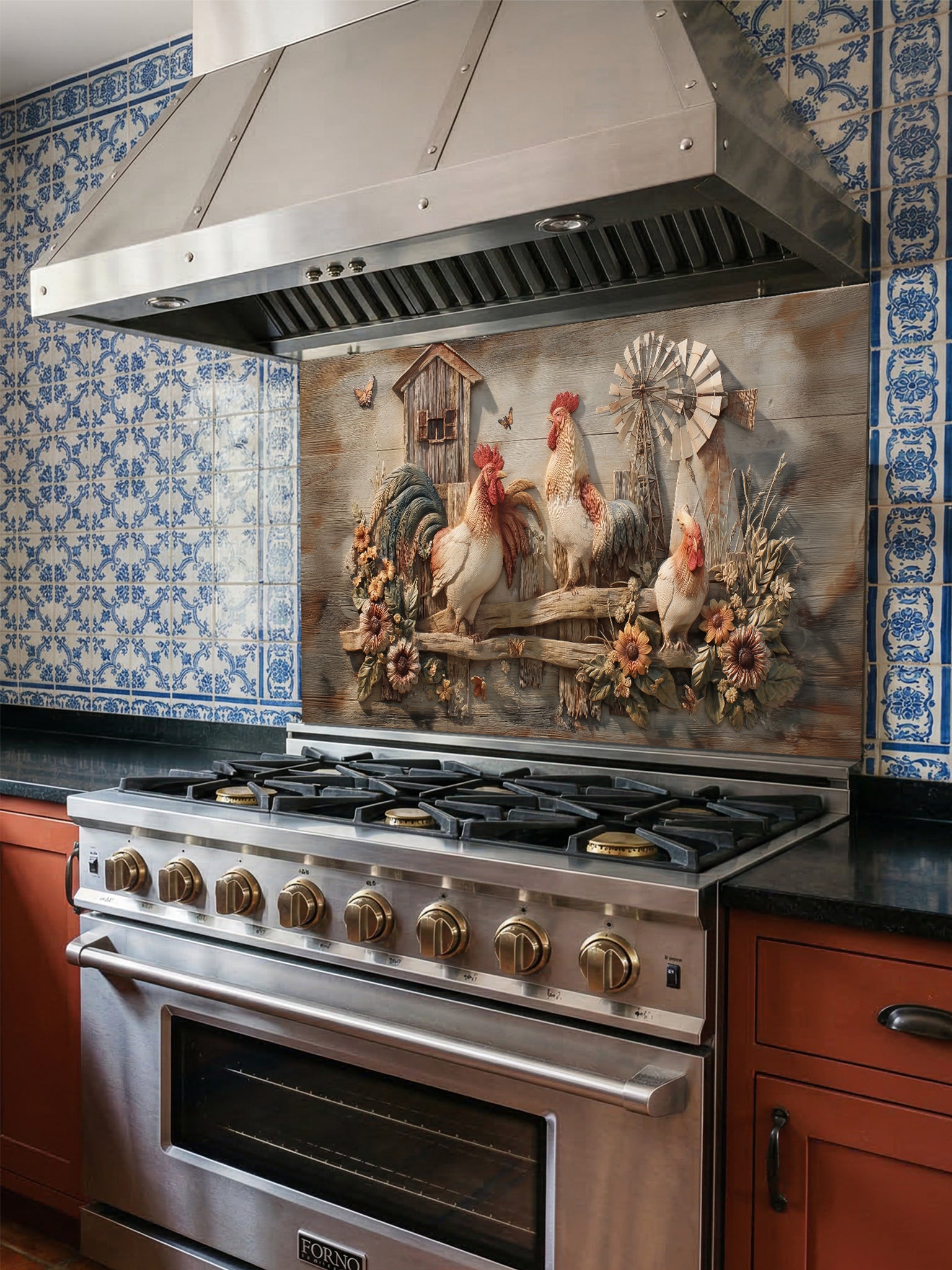 Tempered glass kitchen backsplash featuring a realistic 3D carved wood effect design with roosters, sunflowers, and a windmill, installed behind a modern stainless steel stove.
