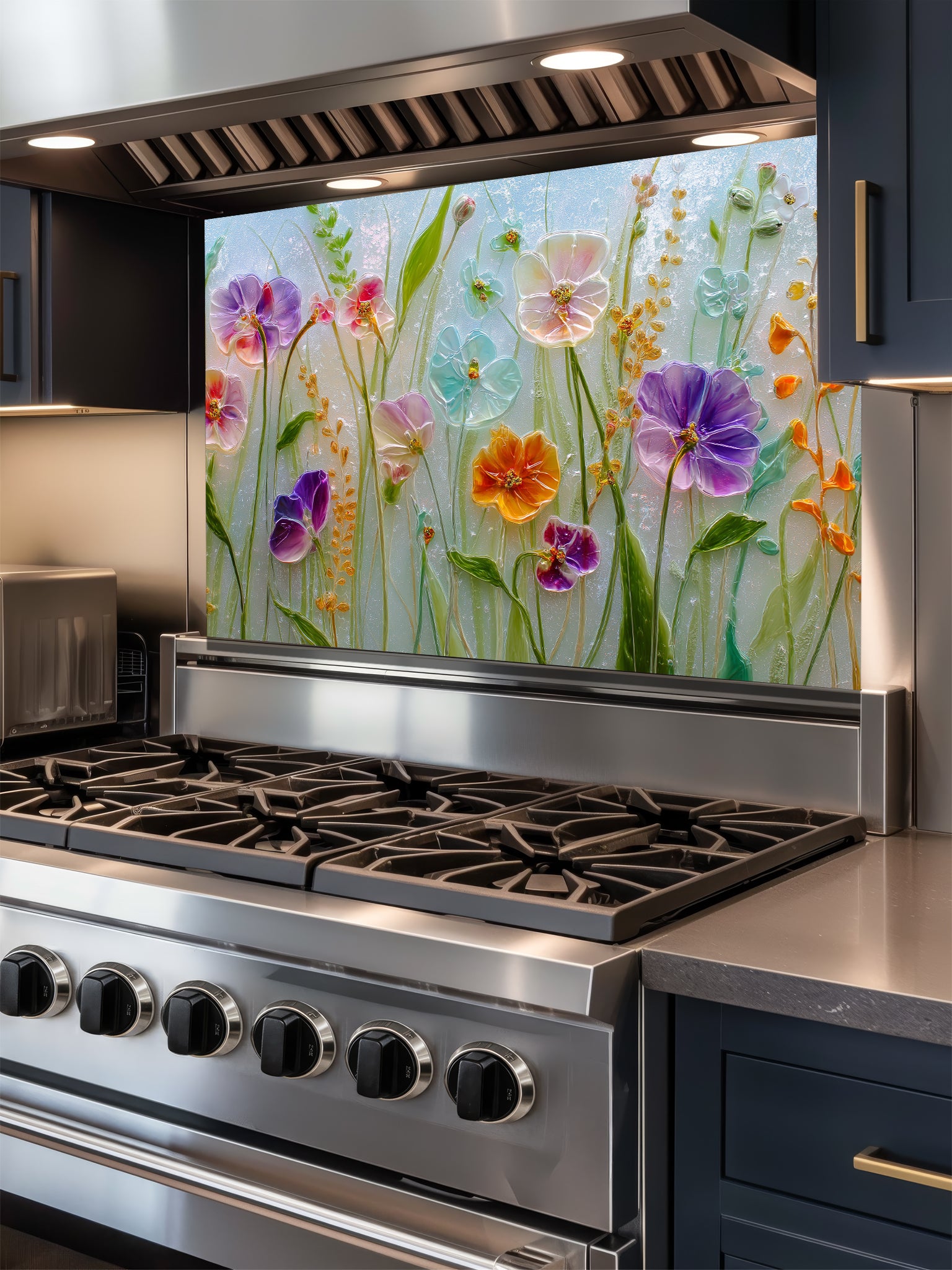 Faux 3D effect glossy glass art wildflowers including pansies in vibrant purple, pink, yellow, and blue, UV printed on a smooth tempered glass kitchen backsplash.