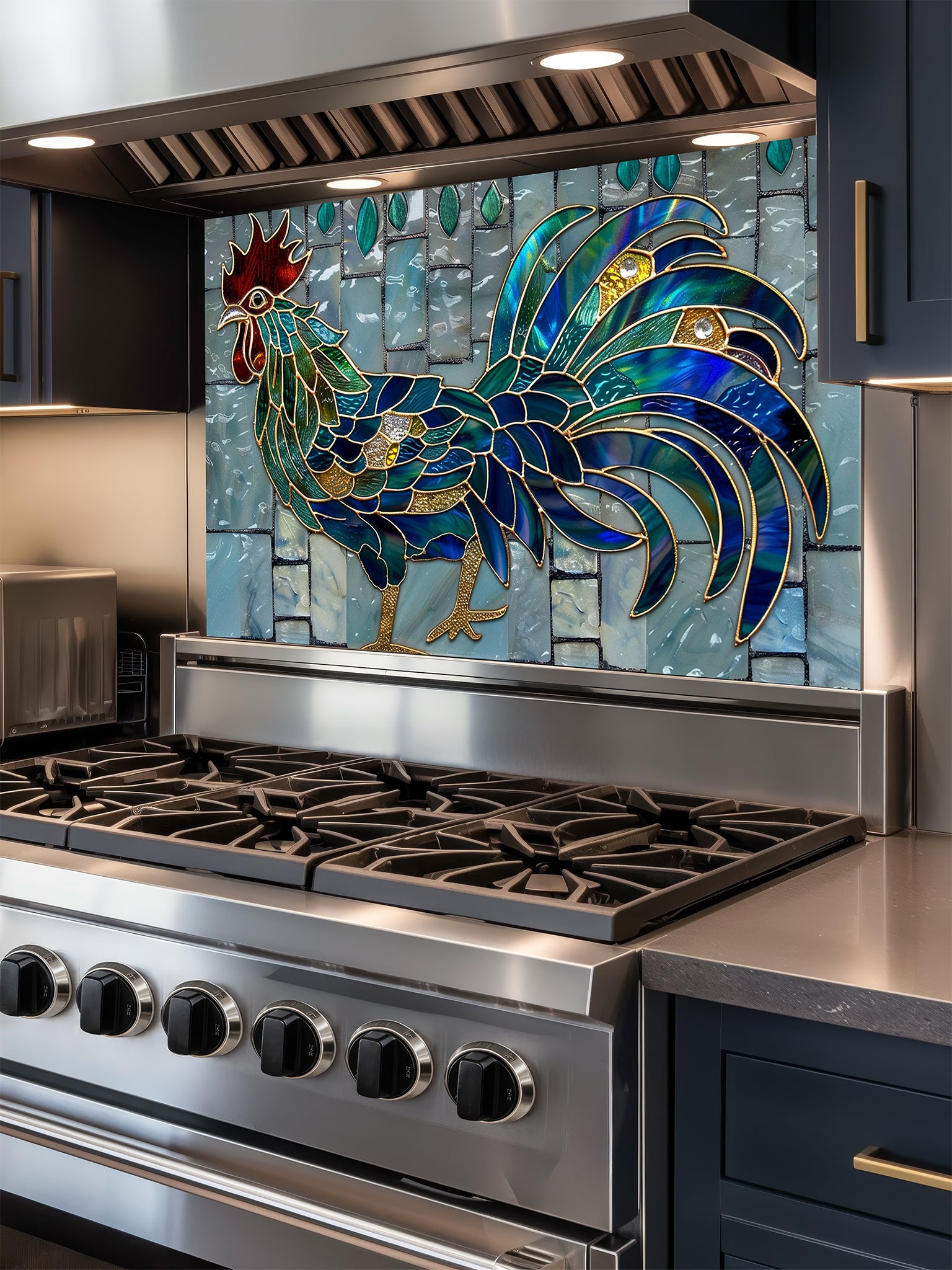 Tempered glass kitchen backsplash featuring a vibrant faux stained glass rooster with jewel-toned sapphire and emerald feathers and gold outlines, set against a light blue vertical mosaic tile background.