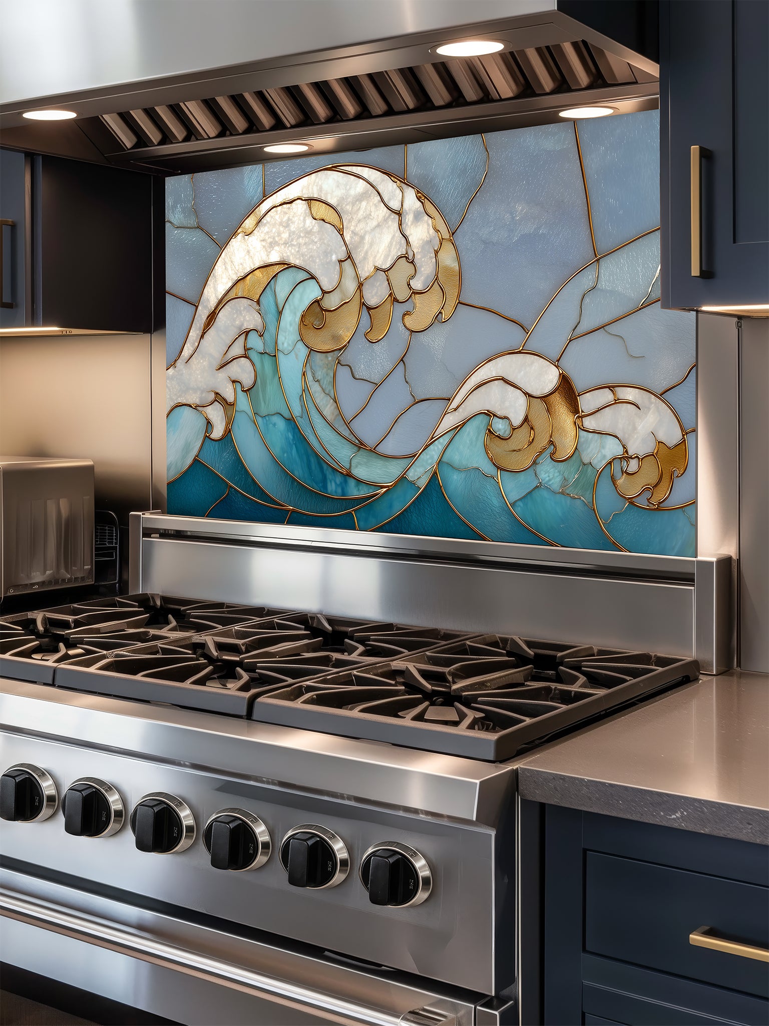 Tempered glass kitchen backsplash featuring a dramatic crashing ocean wave design in faux stained glass with deep blue water, white foam crests, and elegant gold outlines, installed behind a modern stainless steel stove.