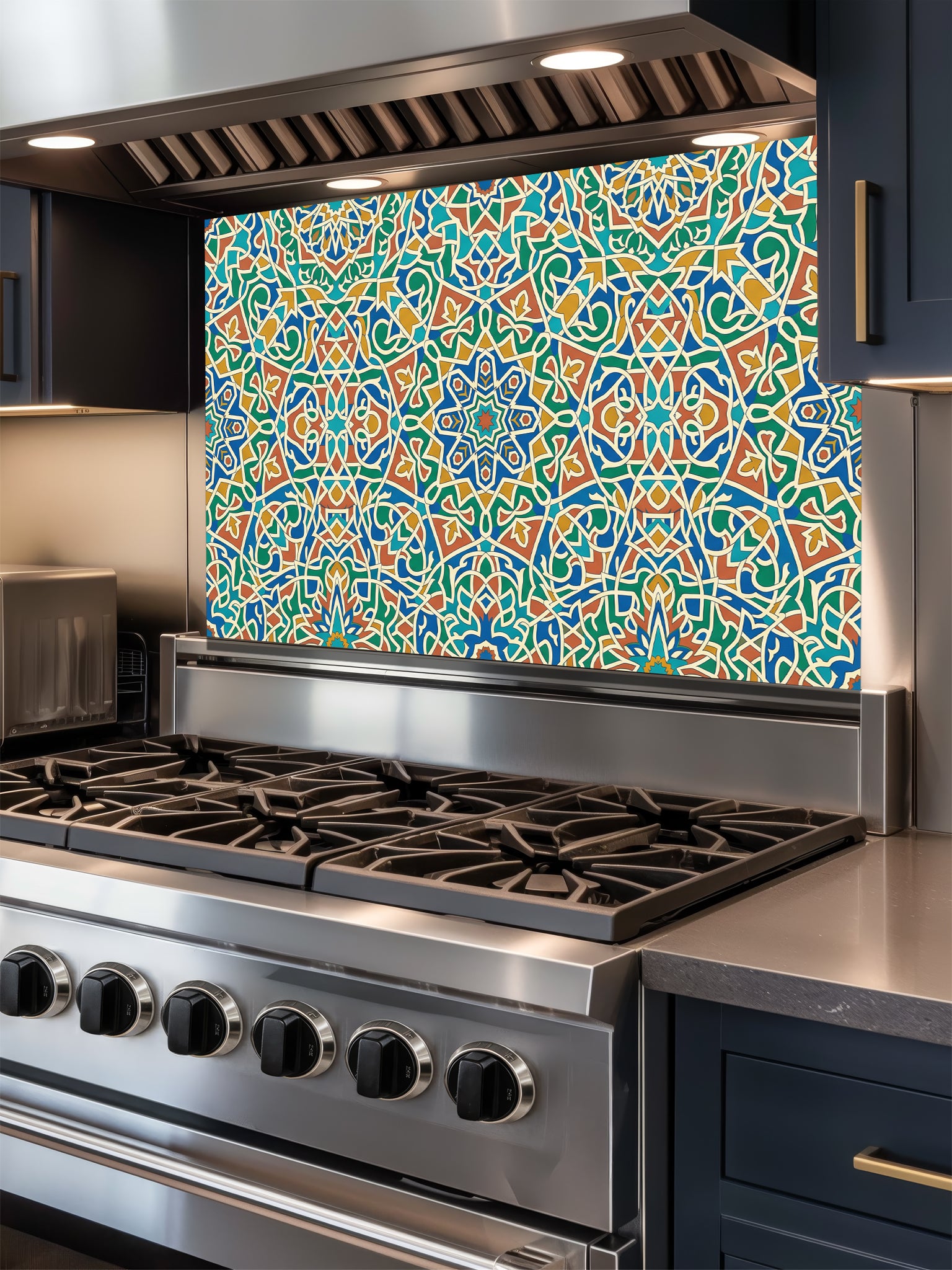 Stainless steel stove with a colorful geometric patterned backsplash in a kitchen setting.