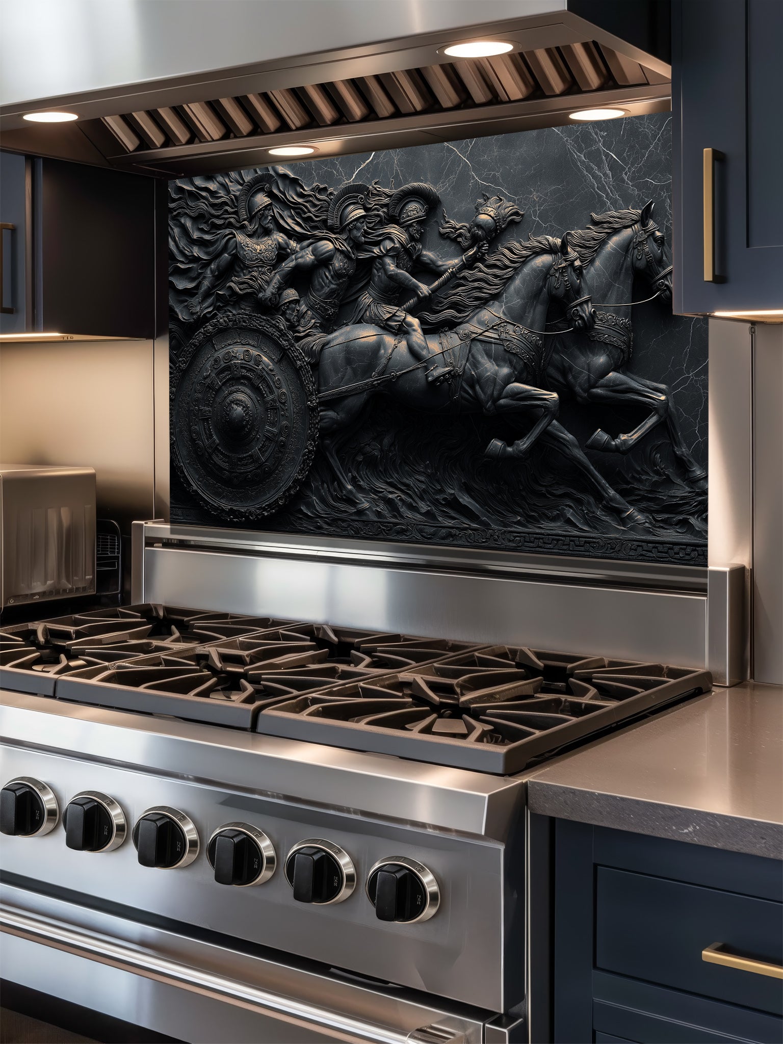 Faux 3D effect dark stone relief carving of a Roman chariot and warriors, UV printed on a smooth tempered glass kitchen backsplash, installed behind a modern stove.