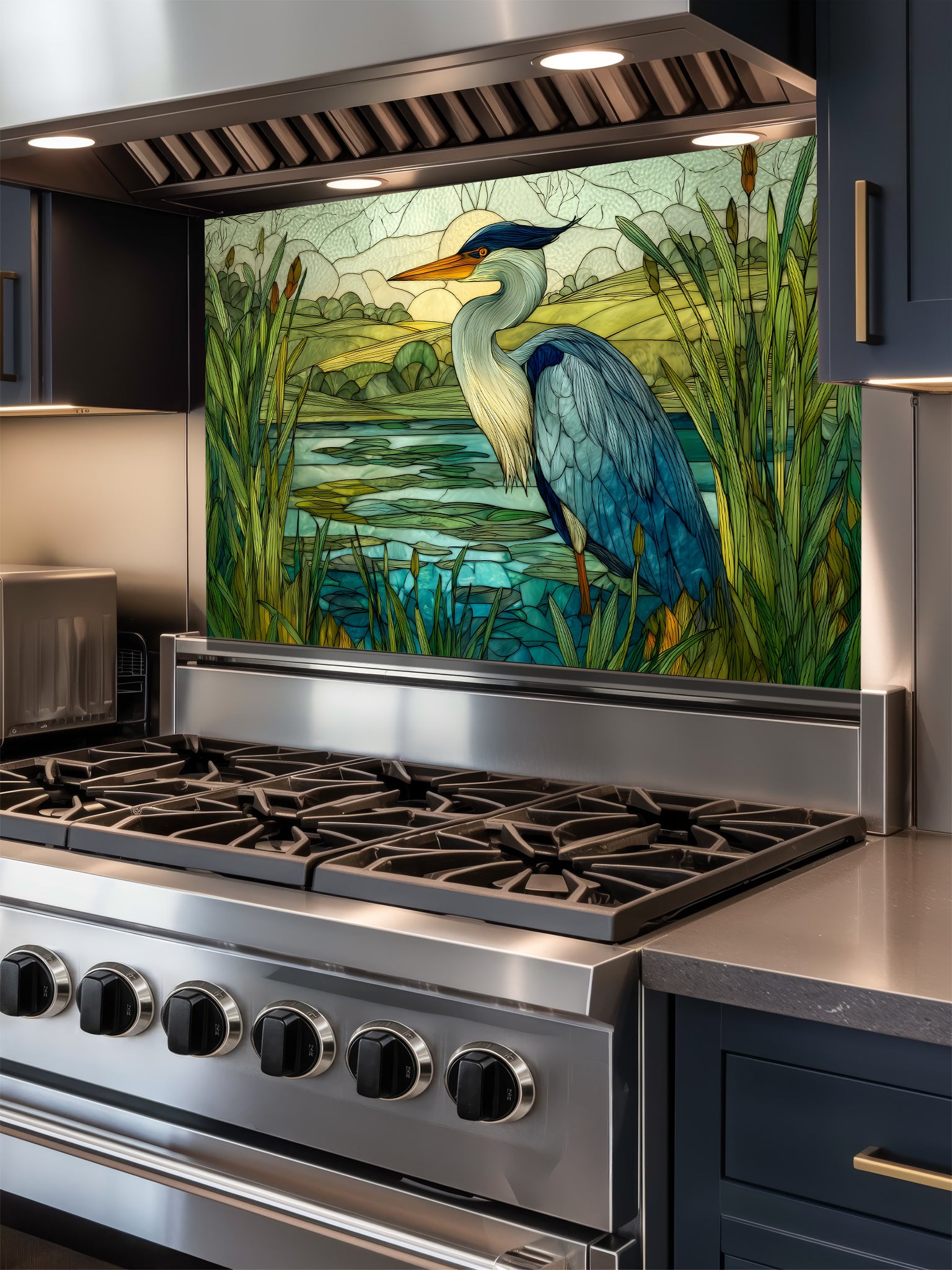 Tempered glass kitchen backsplash featuring a highly realistic 3D illusion of stained glass art showing a majestic blue heron standing in a serene wetland marsh with green cattails and a tranquil lake, installed behind a modern stainless steel stove.
