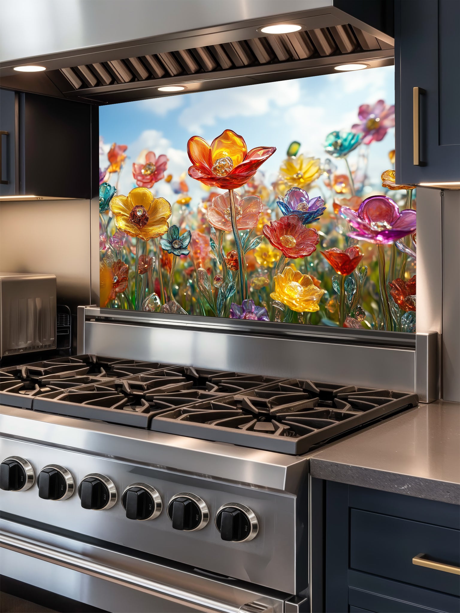 Tempered glass kitchen backsplash featuring a highly realistic 3D illusion of delicate blown glass wildflowers in vibrant translucent jewel tones against a bright blue sky, installed behind a modern stainless steel stove.