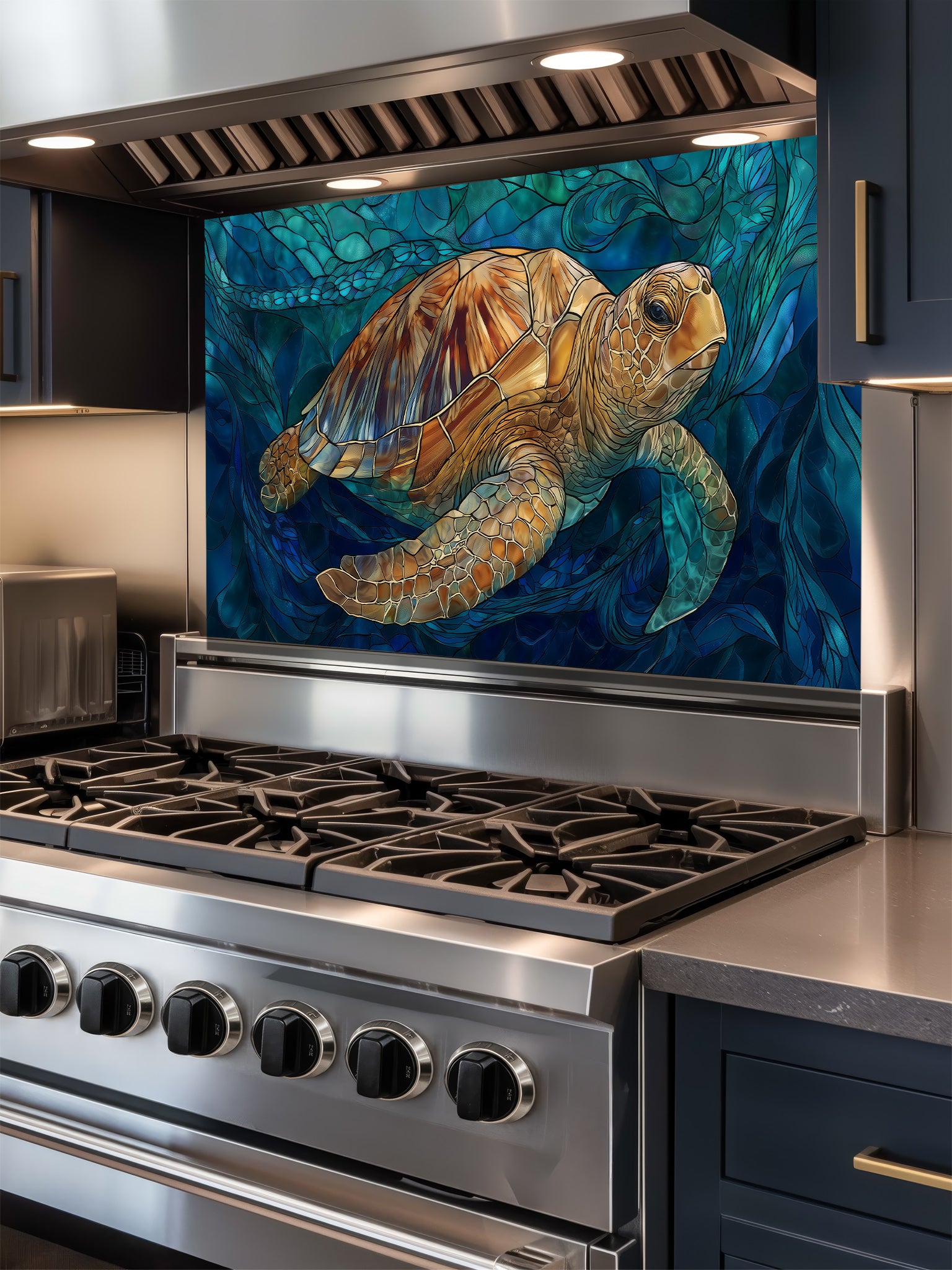 Tempered glass kitchen backsplash featuring a highly realistic 3D illusion of stained glass art showing a majestic sea turtle swimming through deep blue ocean flora and waves, installed behind a modern stainless steel stove.