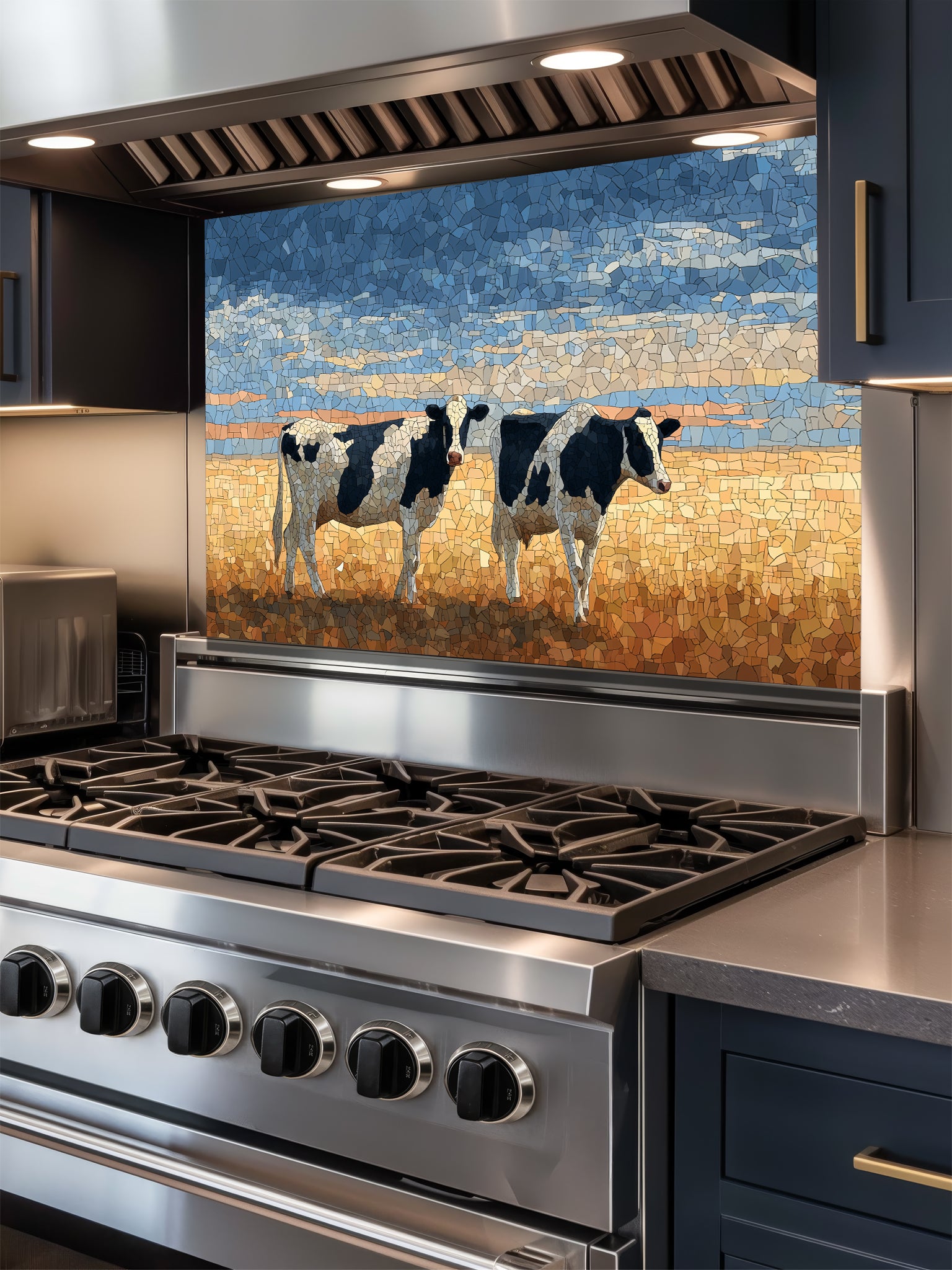 Faux mosaic tile art of black and white cows standing in a golden pasture under a blue sky, UV printed on a smooth tempered glass kitchen backsplash, installed behind a modern stove.