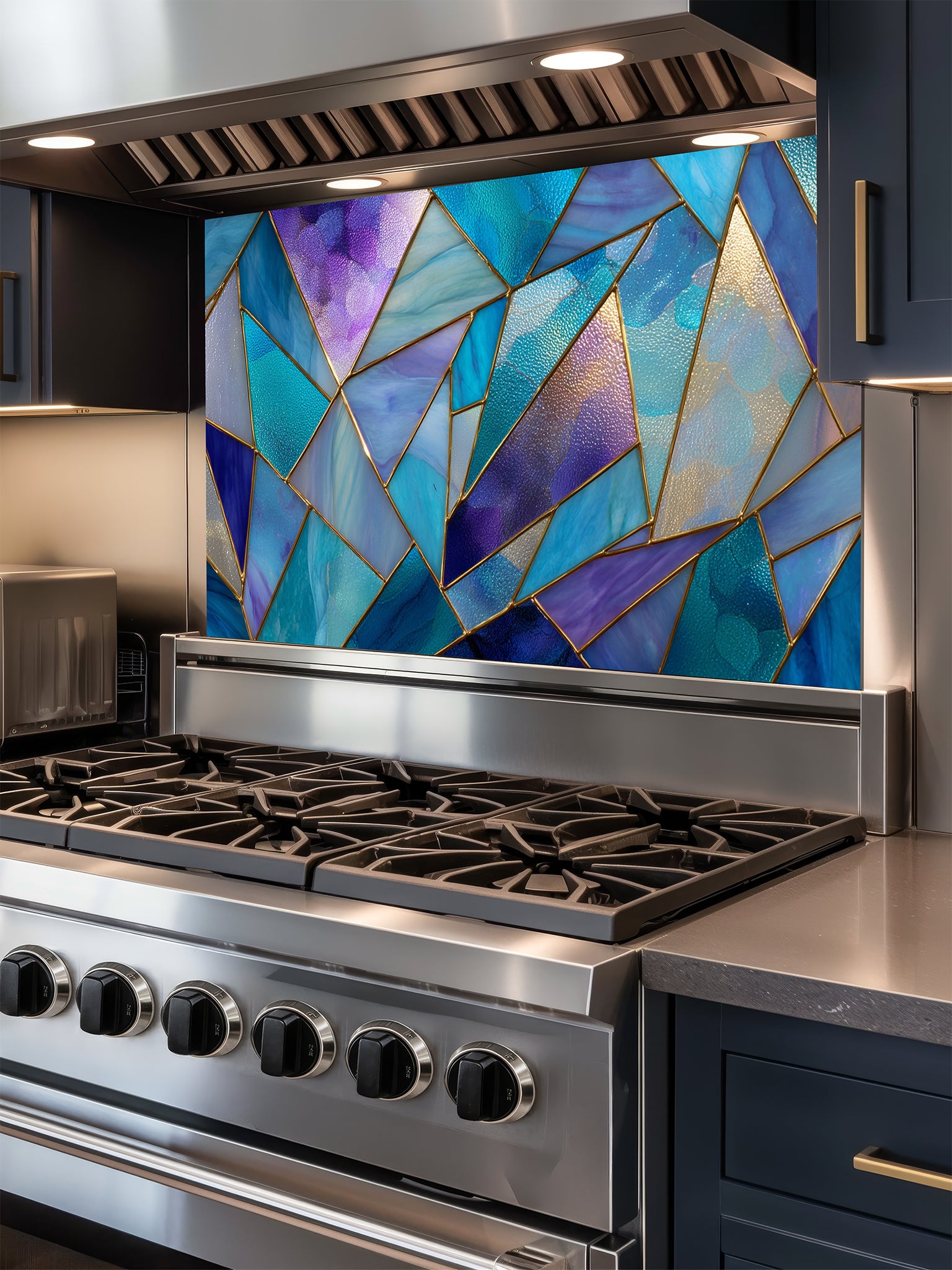 Tempered glass kitchen backsplash featuring a vibrant geometric stained glass effect with blue, teal, and purple shards separated by gold lines, installed behind a modern stainless steel stove.