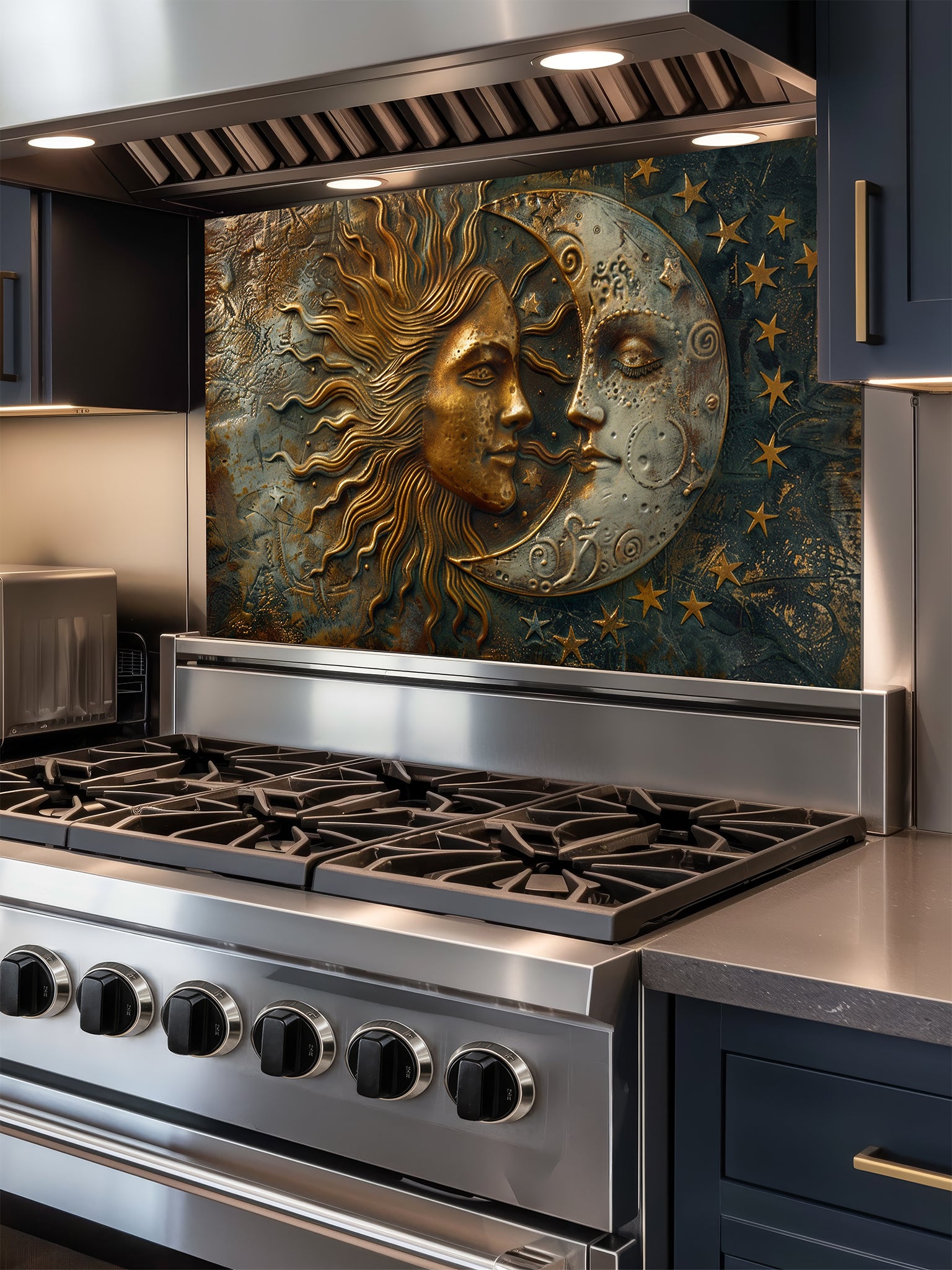 Tempered glass kitchen backsplash featuring a highly realistic 3D faux metal design of a celestial sun and moon with stars in antique bronze, gold, and oxidized silver tones, installed behind a modern stainless steel stove.