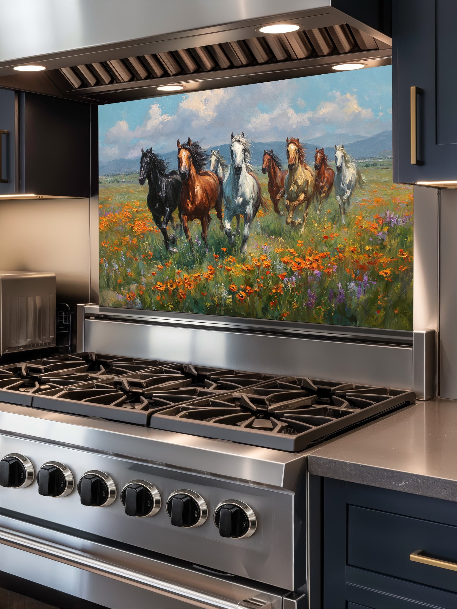 Stainless steel stove with a decorative glass backsplash featuring horses and flowers
