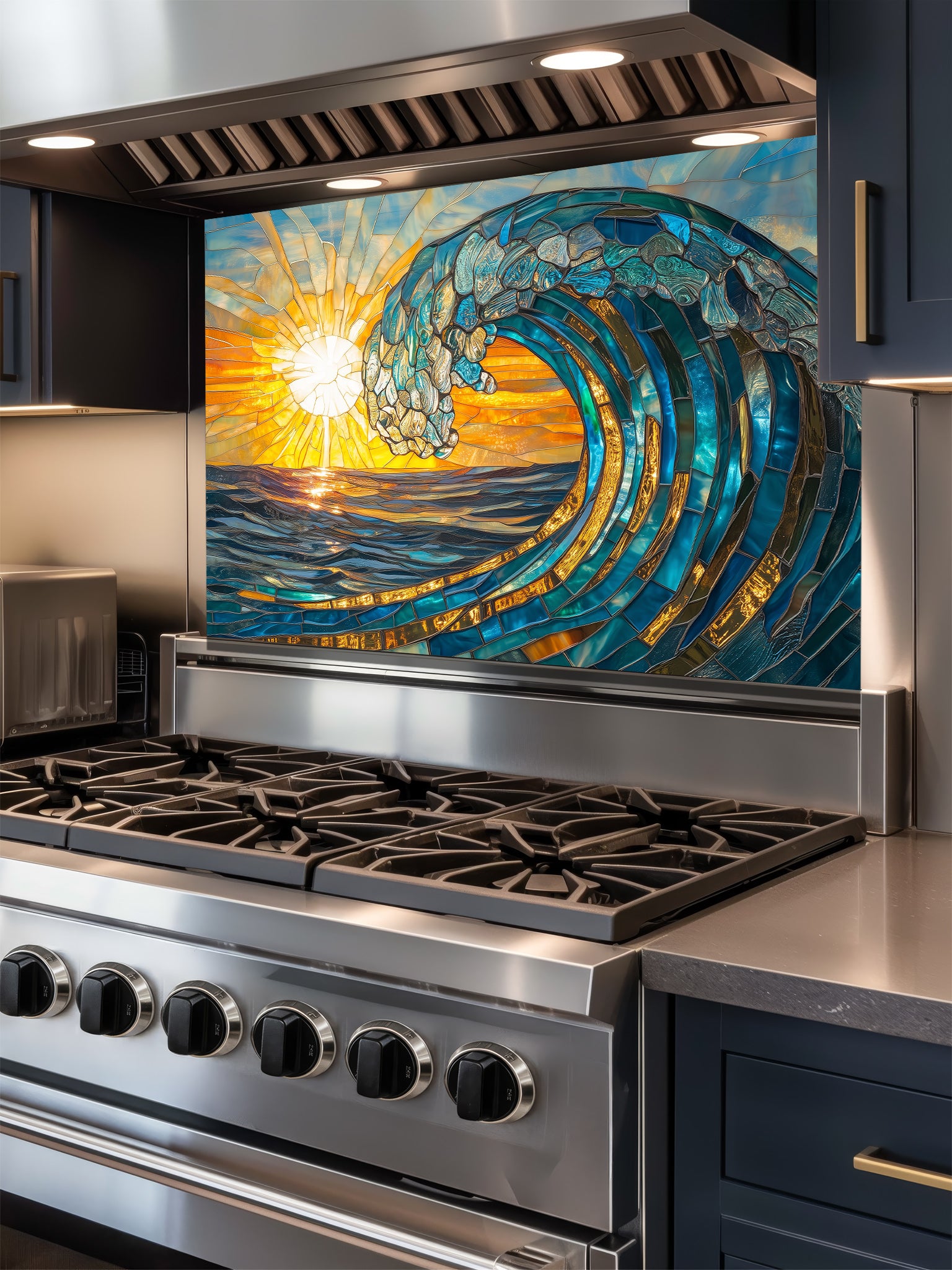 A vibrant stained glass effect tempered glass backsplash featuring a majestic crashing ocean wave and bright golden sunset, installed behind a modern stainless steel kitchen stove.