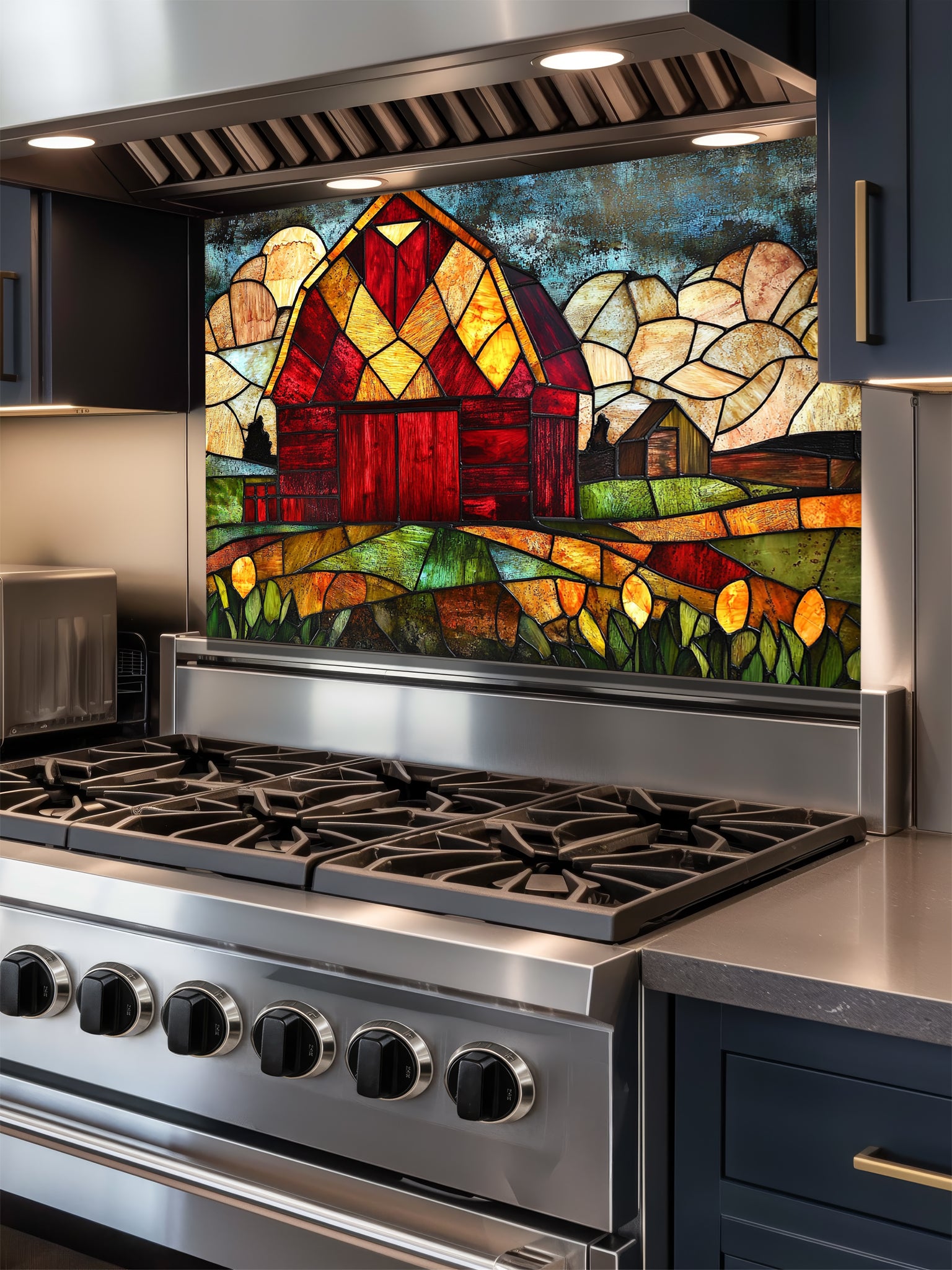 Tempered glass kitchen backsplash featuring a highly realistic 3D illusion of stained glass art showing a classic rustic red barn set in a vibrant farm landscape with golden fields under a cloudy blue sky, installed behind a modern black stove.