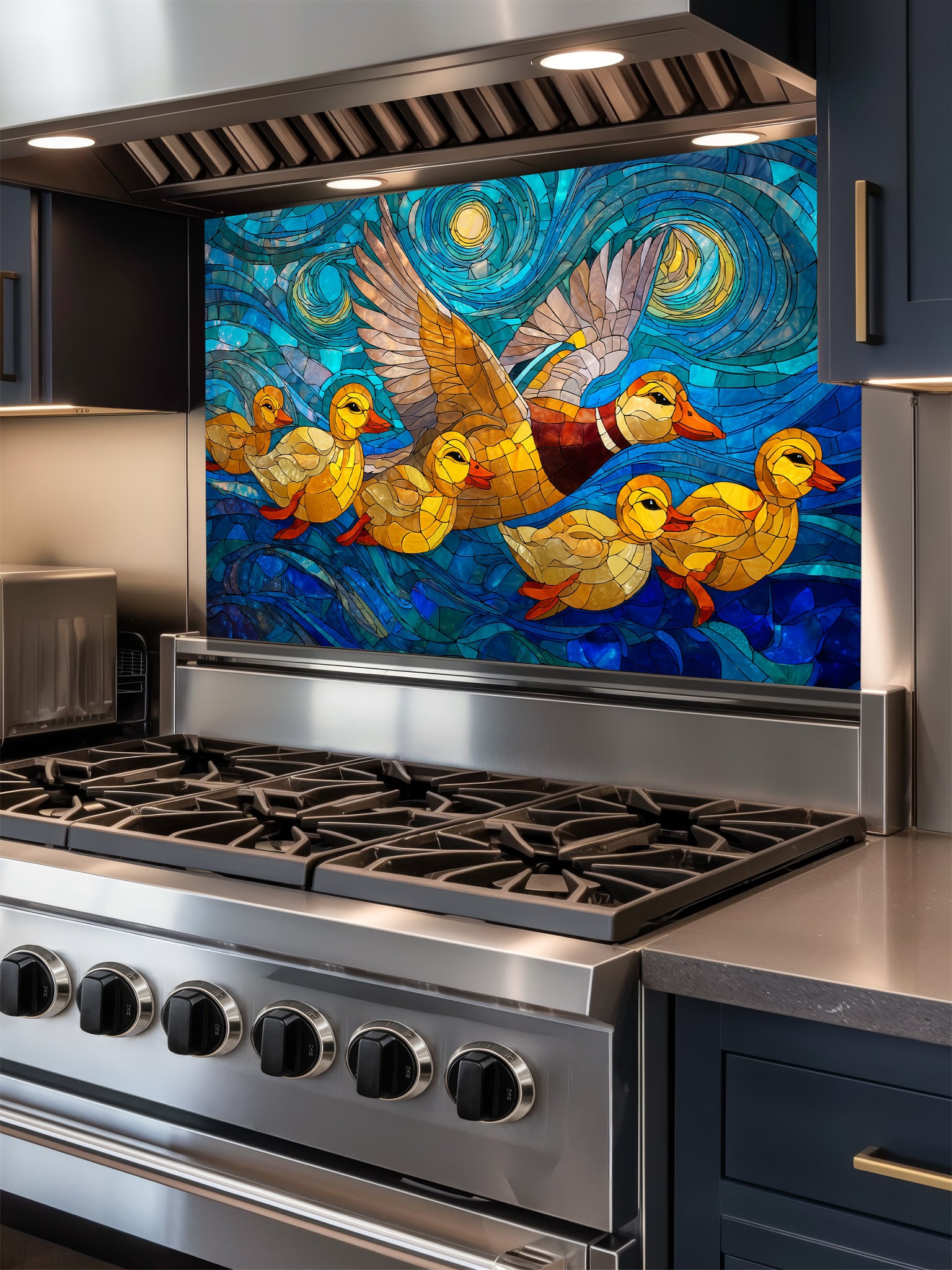 Tempered glass kitchen backsplash featuring a highly realistic 3D illusion of stained glass art showing a mallard duck and ducklings flying over swirling, Starry Night inspired blue water and glowing yellow accents, installed behind a modern stainless steel stove.