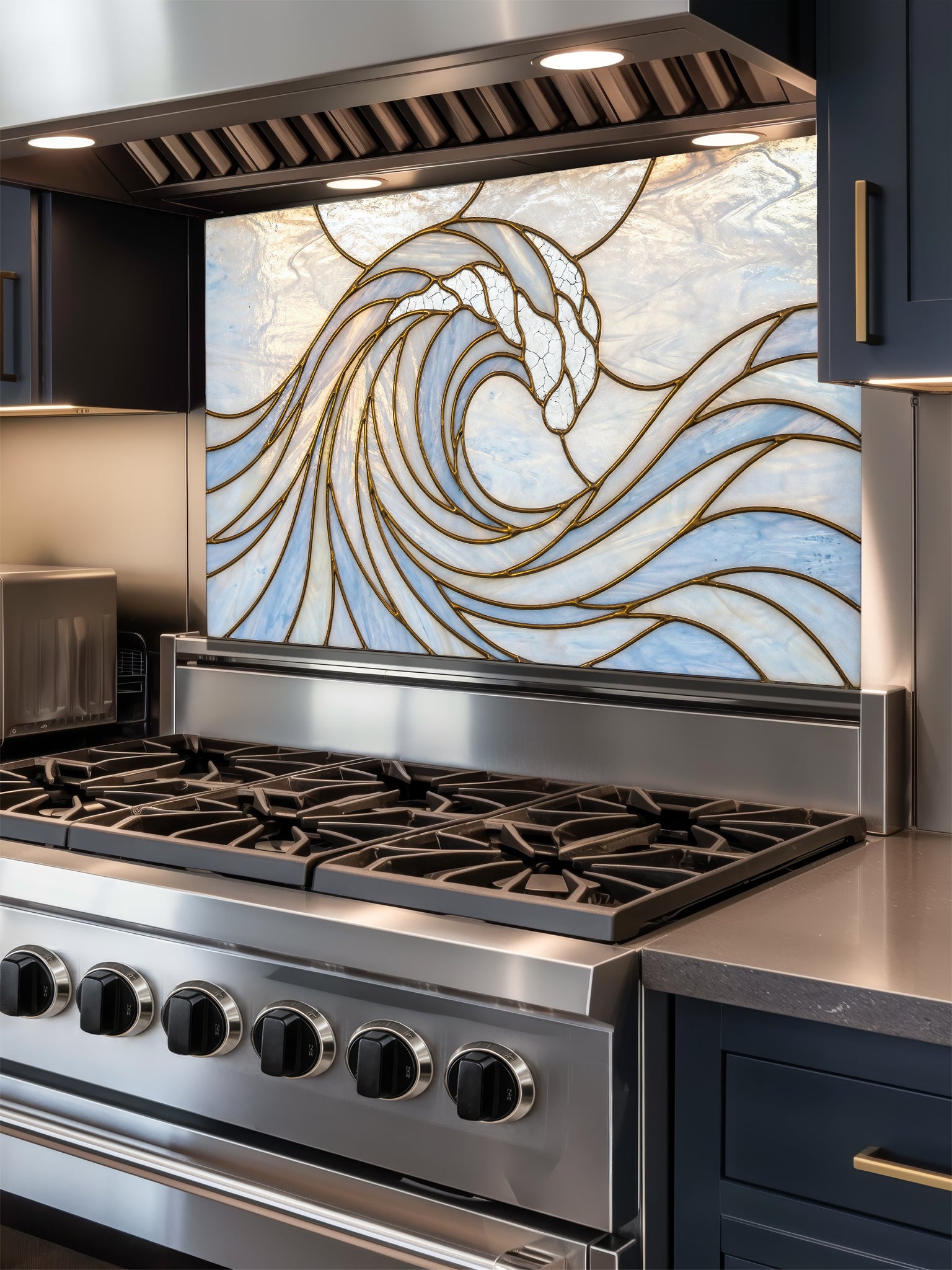 Stainless steel stove with decorative glass backsplash featuring wave design