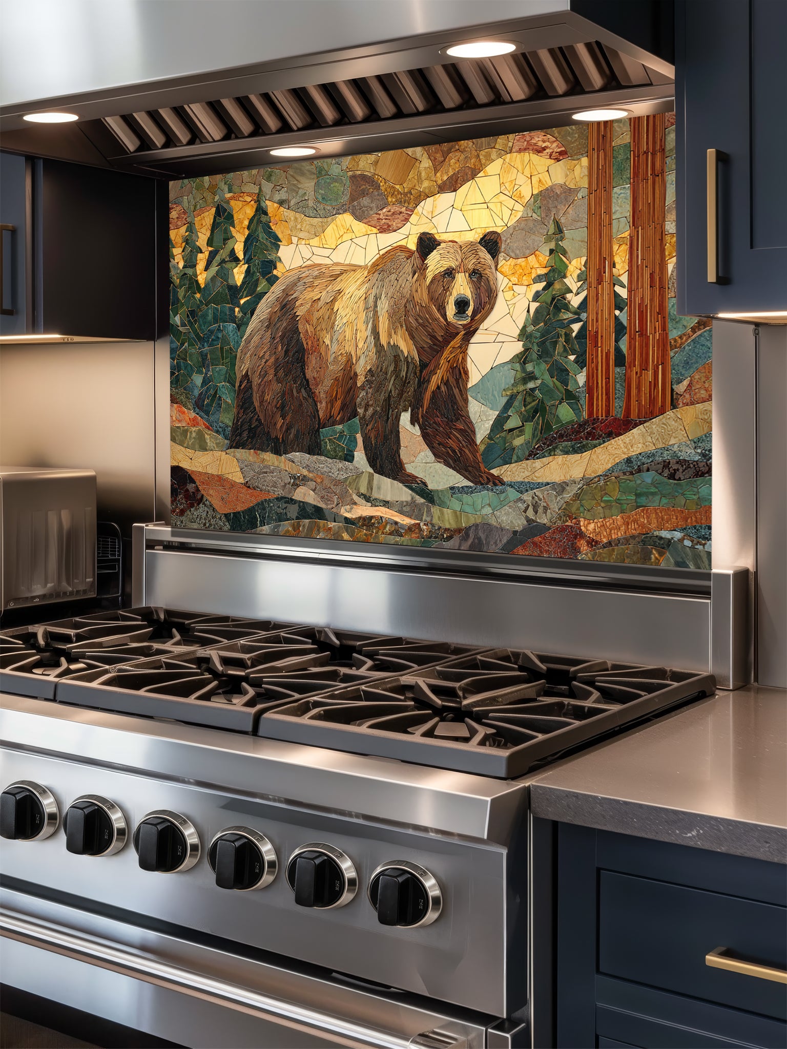 Tempered glass kitchen backsplash featuring a highly realistic 3D illusion of a rugged stone mosaic artwork showing a majestic brown bear walking through a forest of pine trees and mountains in earthy brown, green, and golden tones, installed behind a modern black stove.