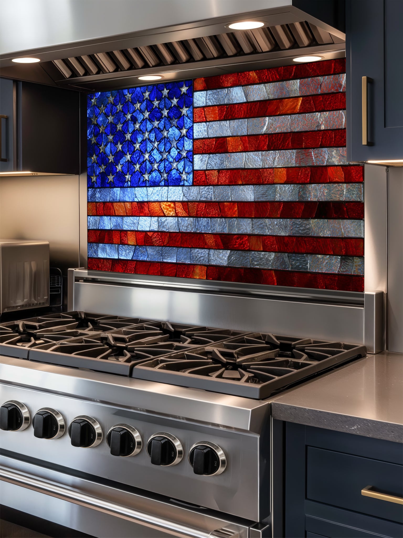 Faux stained glass pattern featuring the American flag with vibrant red, white, and blue textured pieces, UV printed on a smooth tempered glass kitchen backsplash.
