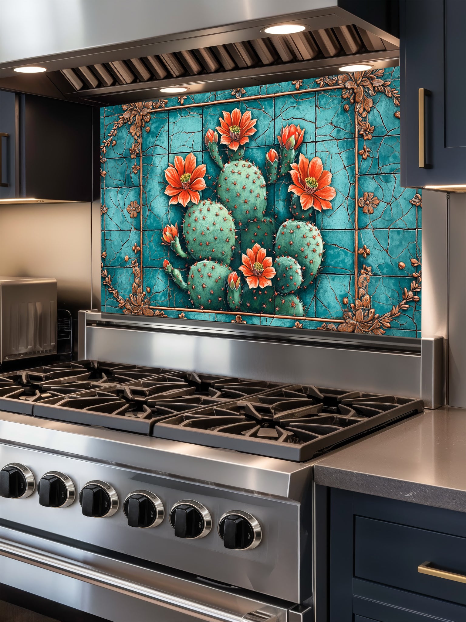 Faux vintage cracked turquoise tile featuring a blooming prickly pear cactus with orange flowers, UV printed on a smooth tempered glass kitchen backsplash, installed behind a modern stove.
