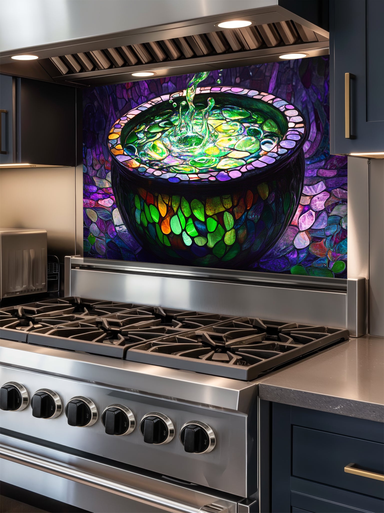 Tempered glass kitchen backsplash featuring a highly realistic 3D illusion of stained glass and mosaic art showing a dark magical cauldron filled with a splashing, glowing neon green potion against a deep purple cobblestone background, installed behind a modern stainless steel stove.
