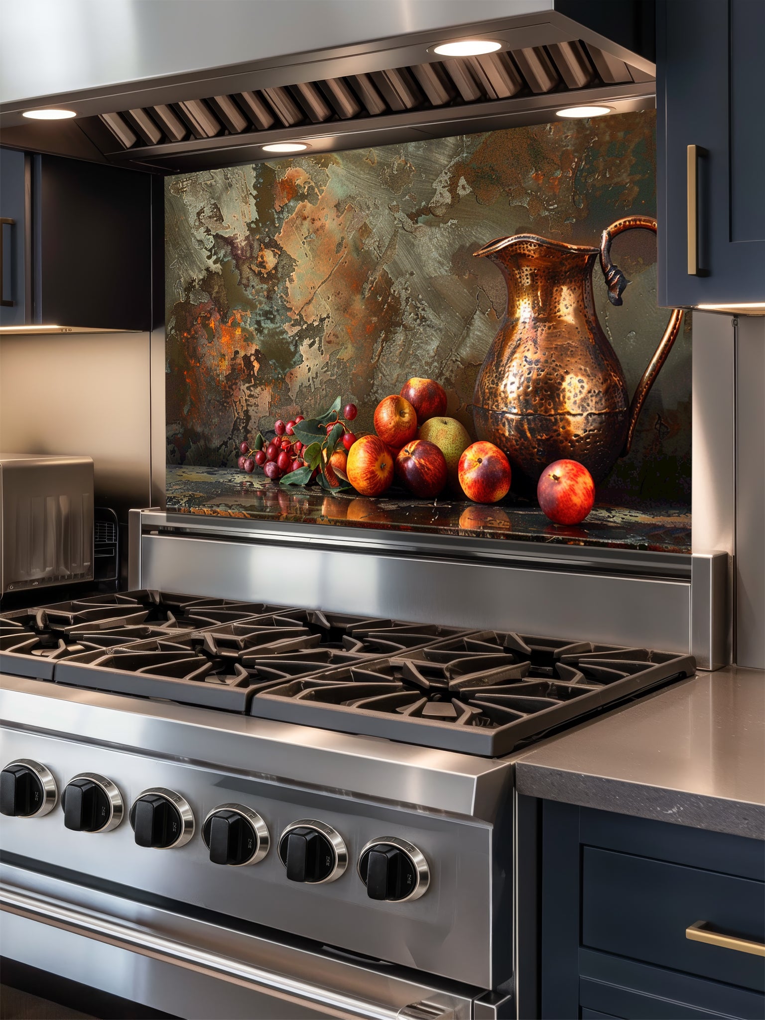 Rustic still life painting of a hammered copper pitcher and fresh fruits against a textured patina metal background, UV printed on a smooth tempered glass kitchen backsplash.