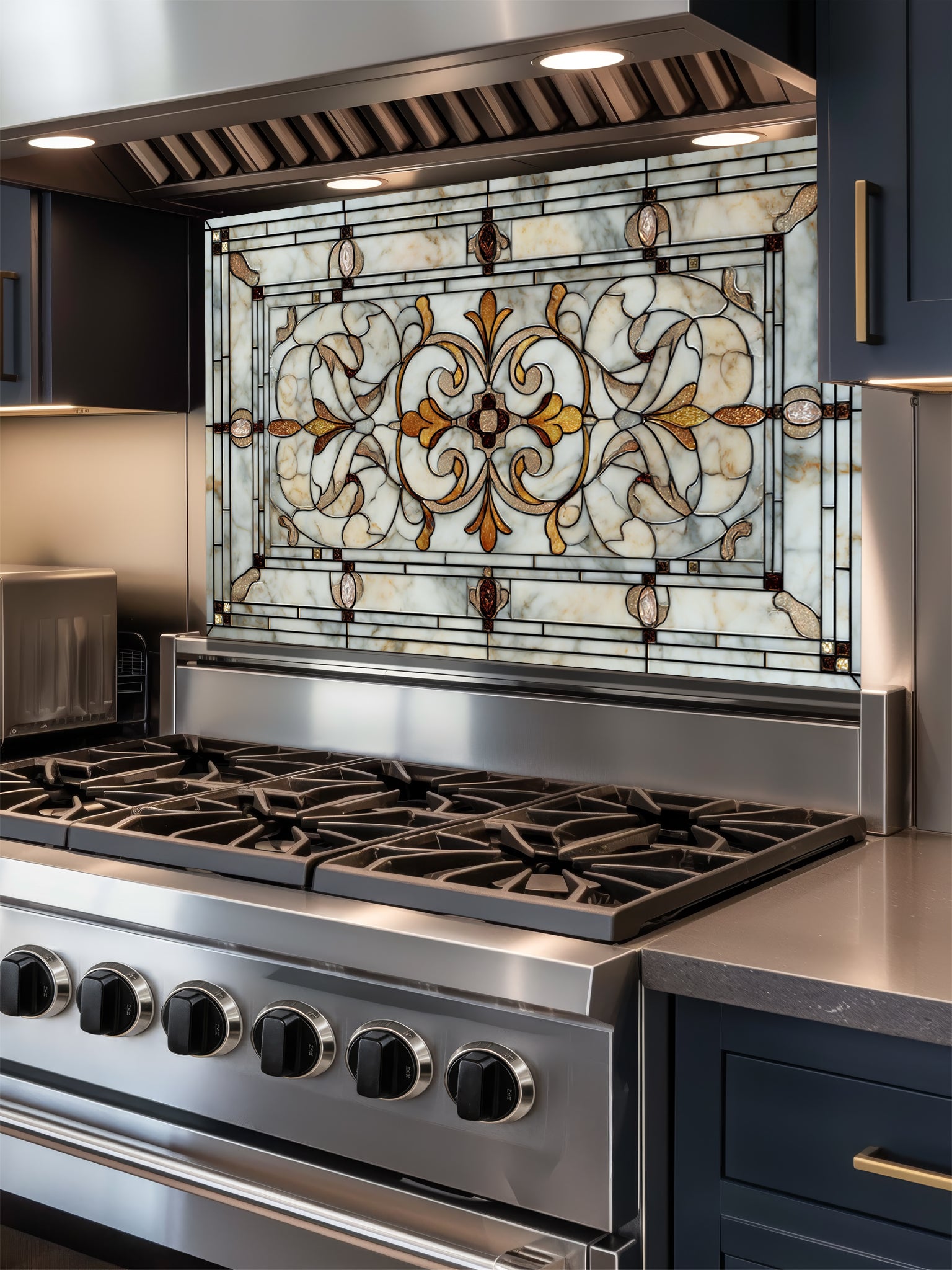 Faux antique leaded stained glass panel featuring elegant symmetrical scrollwork in warm amber and marbled cream tones, UV printed on a smooth tempered glass kitchen backsplash.