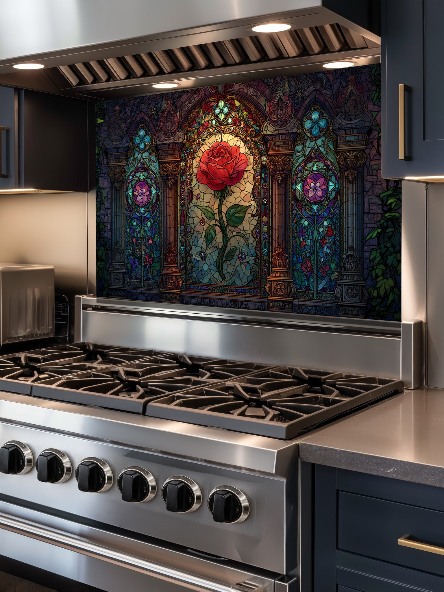 Stained glass style vibrant red rose framed by Gothic architectural arches in rich jewel tones, UV printed on a smooth tempered glass kitchen backsplash, installed behind a modern stove.