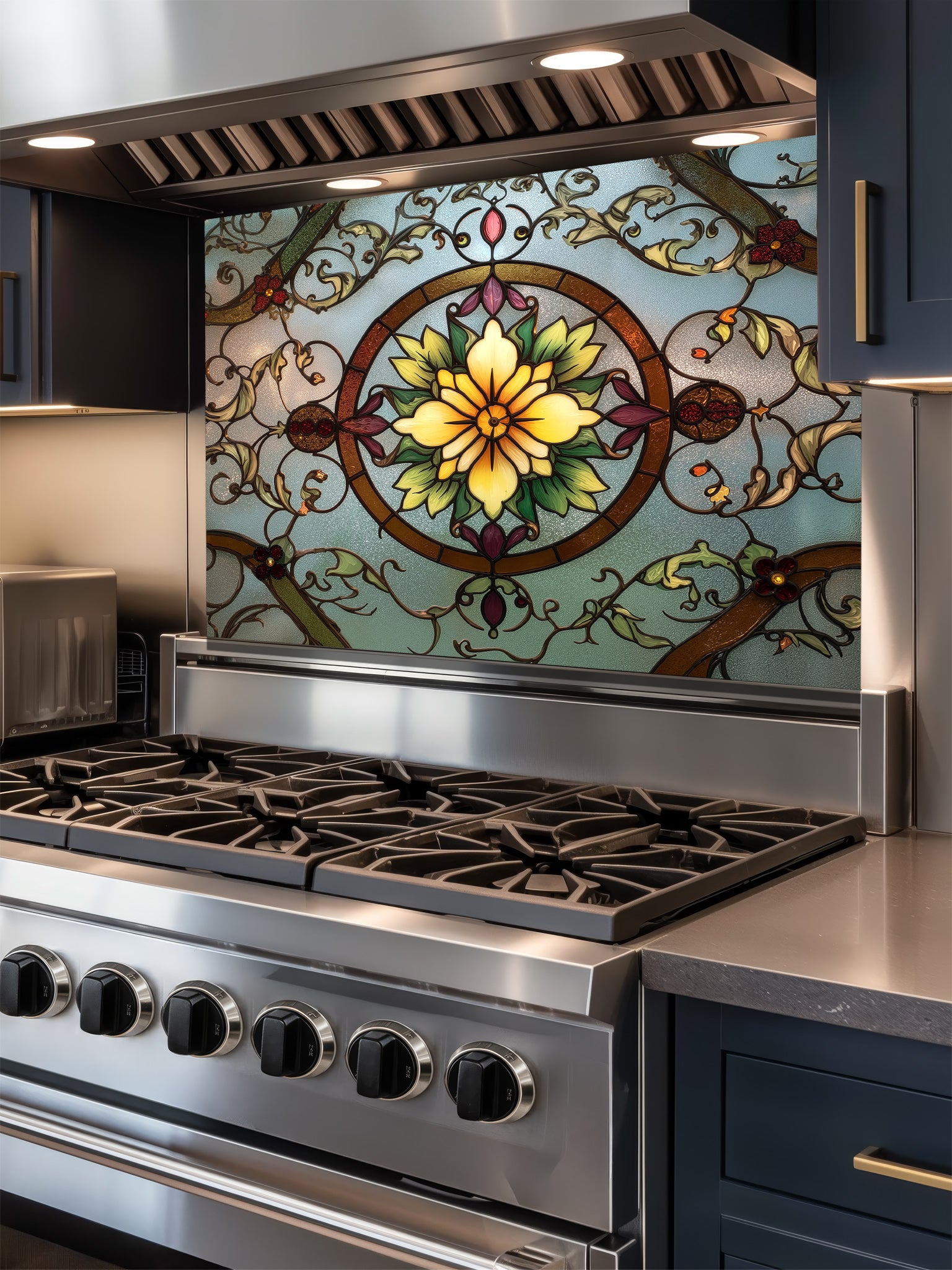 Tempered glass kitchen backsplash featuring a highly realistic 3D illusion of vintage stained glass, showcasing a glowing yellow floral medallion surrounded by green vines and red accents against a frosted blue background, installed behind a modern stainless steel stove.