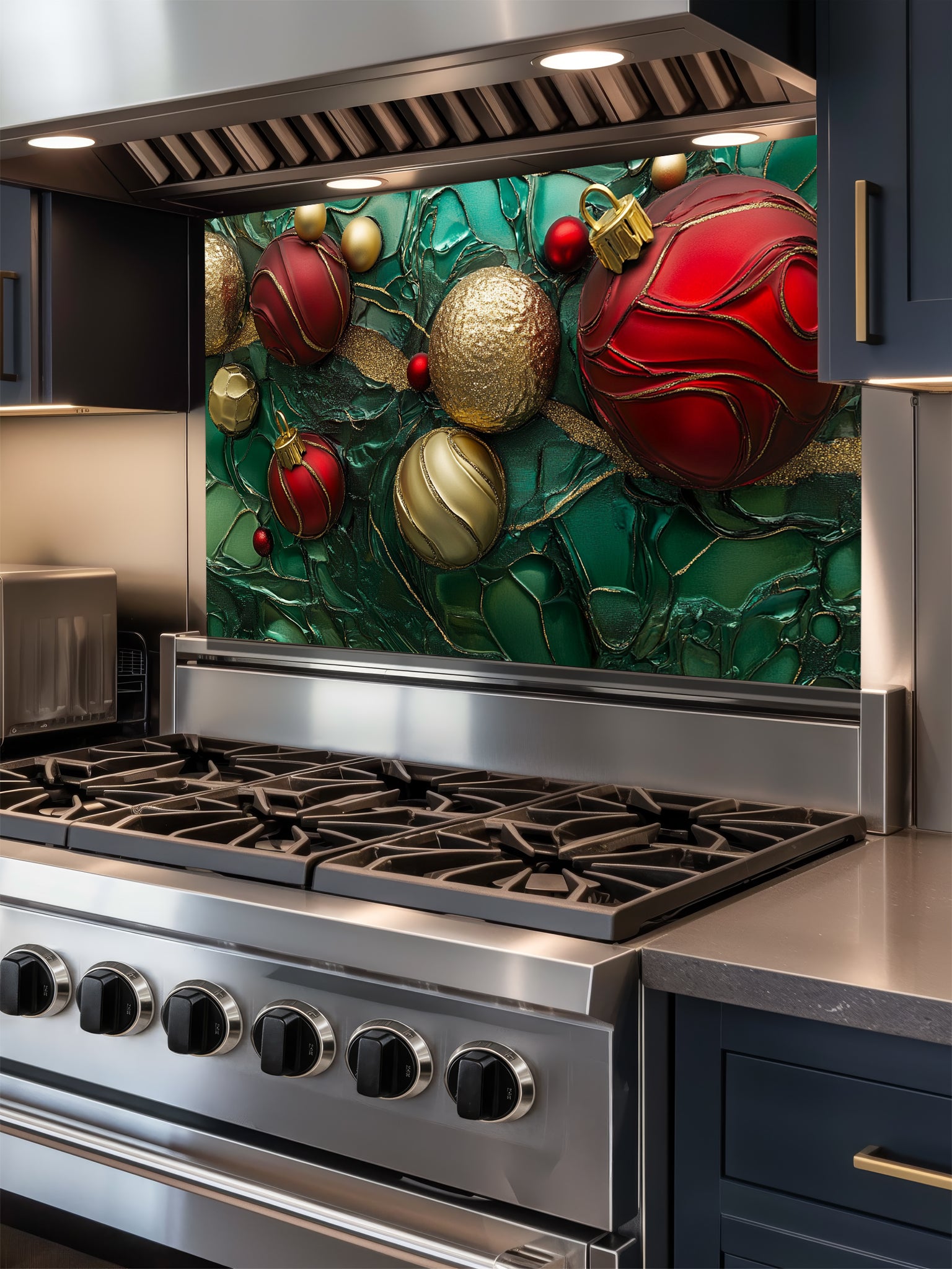 Tempered glass kitchen backsplash featuring a highly realistic 3D illusion of festive red and gold Christmas ornaments and ribbons floating against a deep emerald green marble and fluid art background with golden veins, installed behind a modern stainless steel stove.