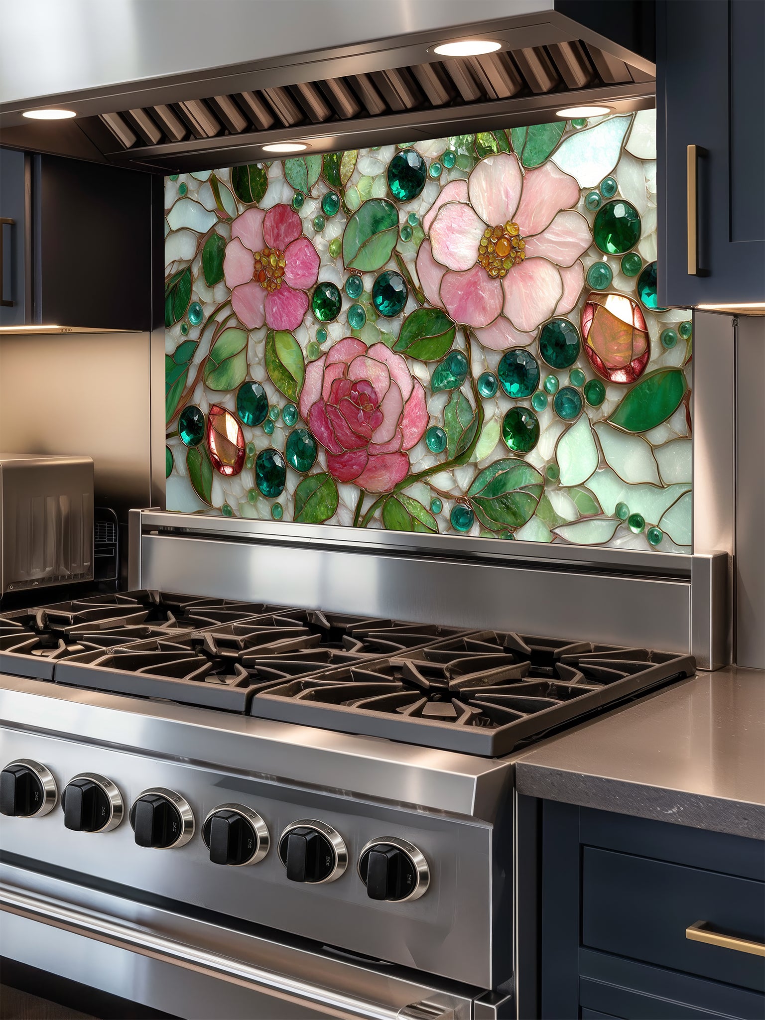 Tempered glass kitchen backsplash featuring a highly realistic faux stained glass design of delicate pink roses, green leaves, and jewel-like glass beads on a pale mosaic background, installed behind a modern stainless steel stove.