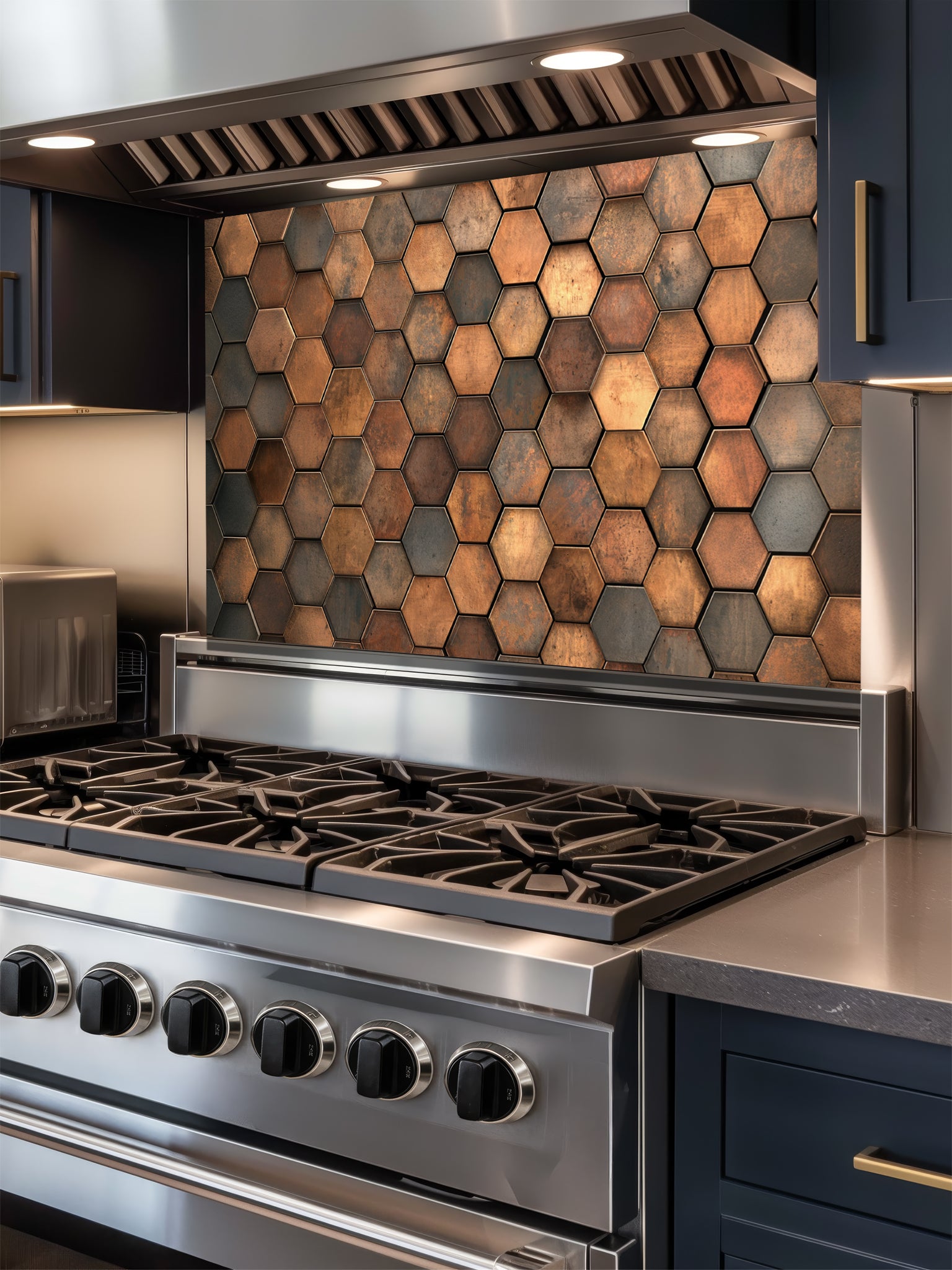 Faux 3D industrial metal hexagon honeycomb tile pattern in rustic copper and bronze tones, UV printed on a smooth tempered glass kitchen backsplash.