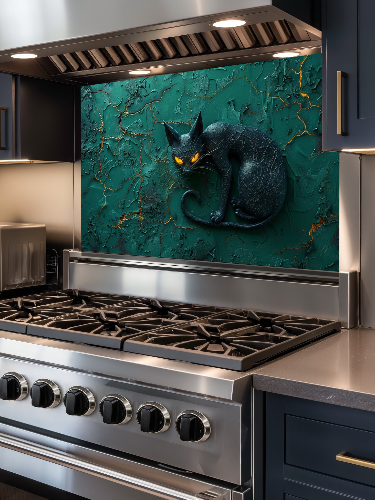Tempered glass kitchen backsplash featuring a highly realistic 3D illusion of a sleek sculpted black cat with glowing orange eyes resting against a heavily textured emerald green plaster wall with golden kintsugi cracks, installed behind a modern black stove.