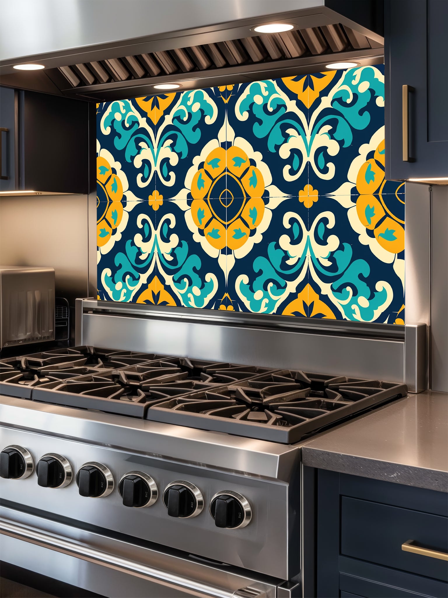 Tempered glass kitchen backsplash featuring a highly realistic illusion of traditional Moroccan or Spanish tiles, showcasing an intricate geometric floral pattern in deep navy blue, vibrant teal, and mustard yellow, installed behind a modern black stove.