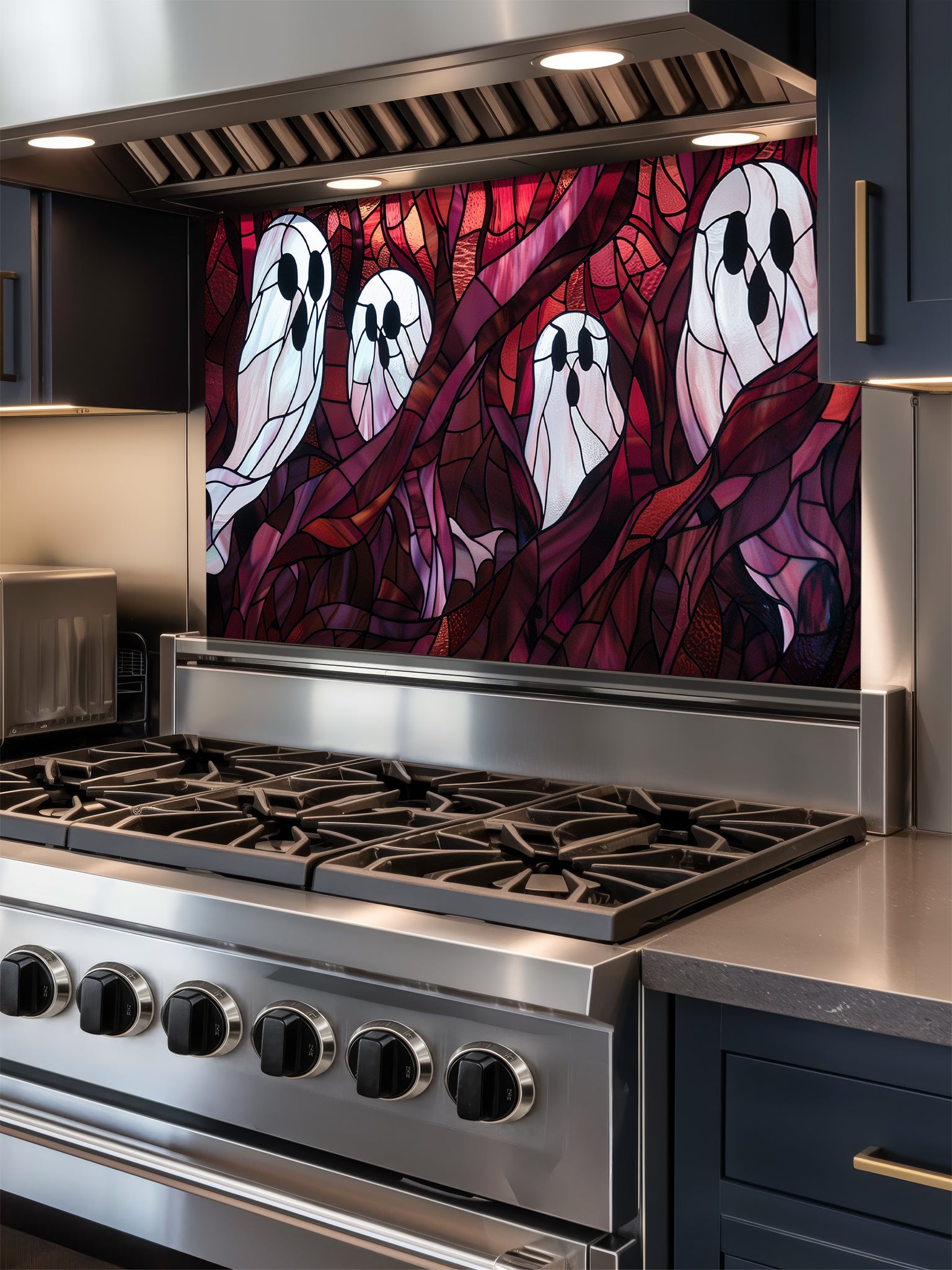 Tempered glass kitchen backsplash featuring a highly realistic 3D illusion of macabre stained glass art showing spooky white ghosts floating among twisted dark red and purple haunted forest branches, installed behind a modern stainless steel stove.