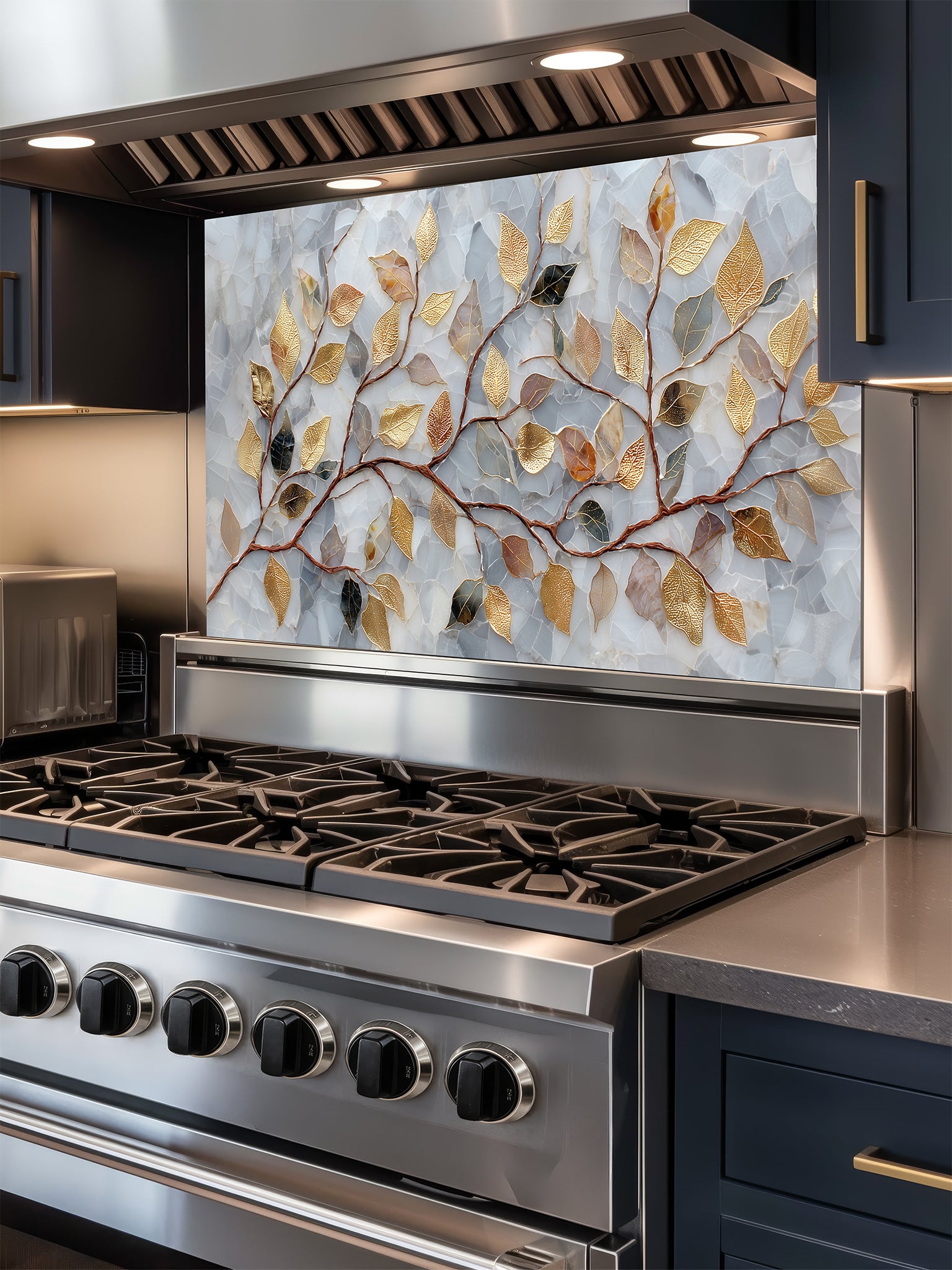Tempered glass kitchen backsplash featuring a realistic 3D-effect design of elegant gold and bronze leaves on curving branches over a pearlescent white and soft grey cracked mosaic background, installed behind a modern stainless steel stove.