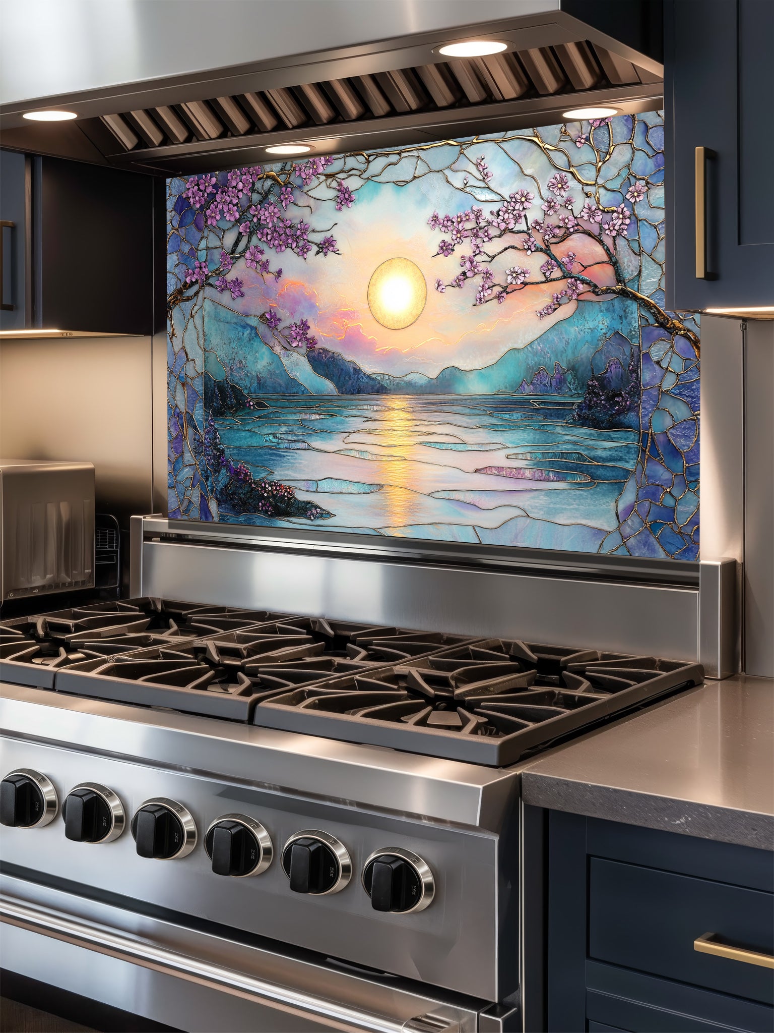 Stained glass style serene sunset over a lake with pink cherry blossoms and mountains, UV printed on a smooth tempered glass kitchen backsplash, installed behind a modern stove.