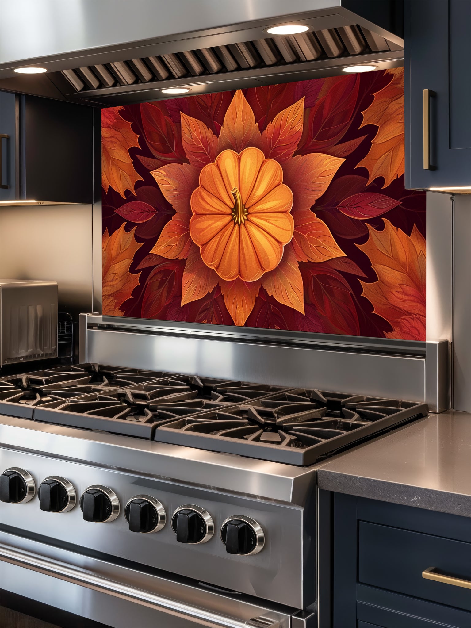 Faux 3D effect symmetrical pumpkin mandala surrounded by rich orange and burgundy autumn leaves, UV printed on a smooth tempered glass kitchen backsplash.