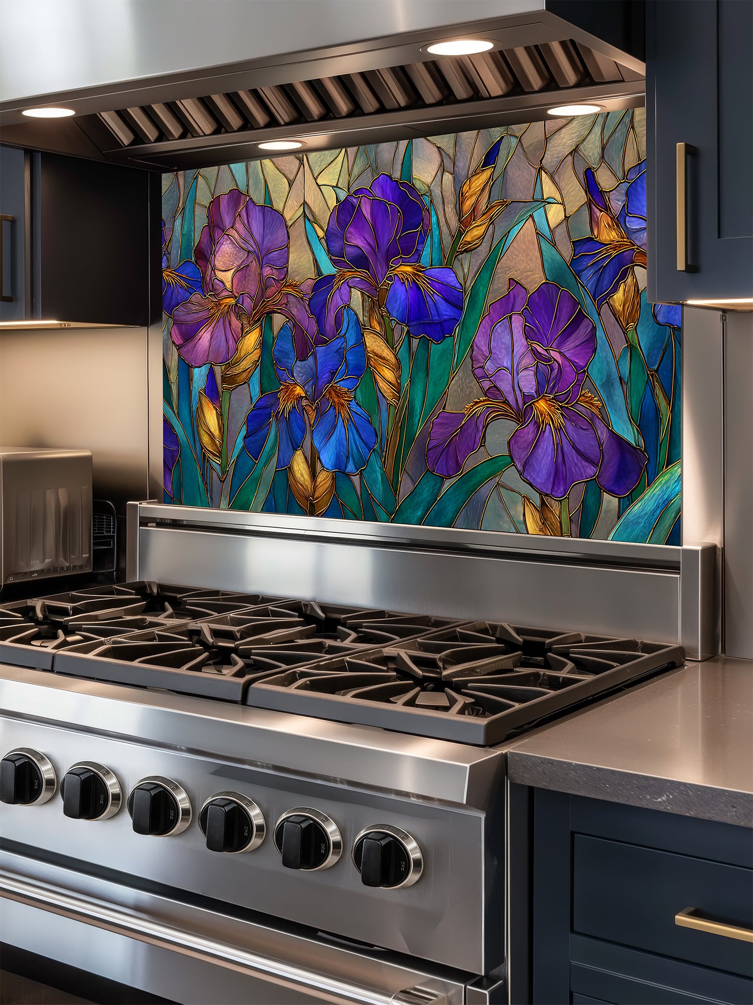 Tempered glass kitchen backsplash featuring an elegant faux stained glass design of vibrant purple and blue Iris flowers with green leaves and elegant gold outlines, installed behind a modern stainless steel stove.