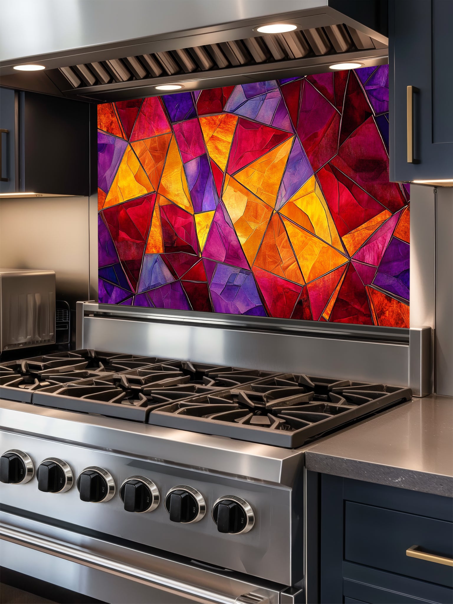 Tempered glass kitchen backsplash featuring a highly realistic illusion of abstract geometric stained glass with asymmetrical shards in vibrant, warm jewel tones of ruby red, magenta, amethyst, and amber, installed behind a modern black stove.
