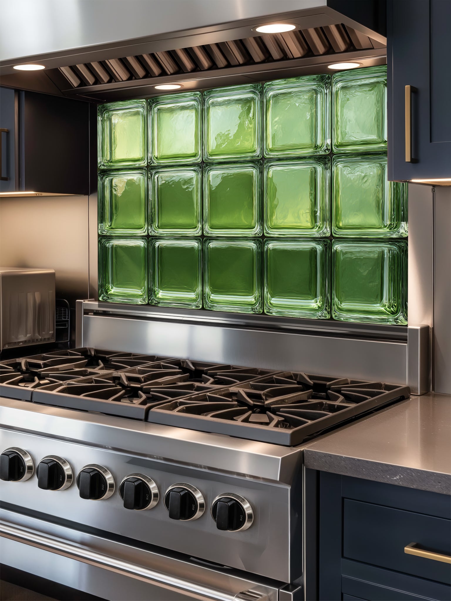 Tempered glass kitchen backsplash featuring a highly realistic 3D illusion of architectural glass blocks in vibrant translucent vintage green with authentic wavy textures, installed behind a modern black stove.