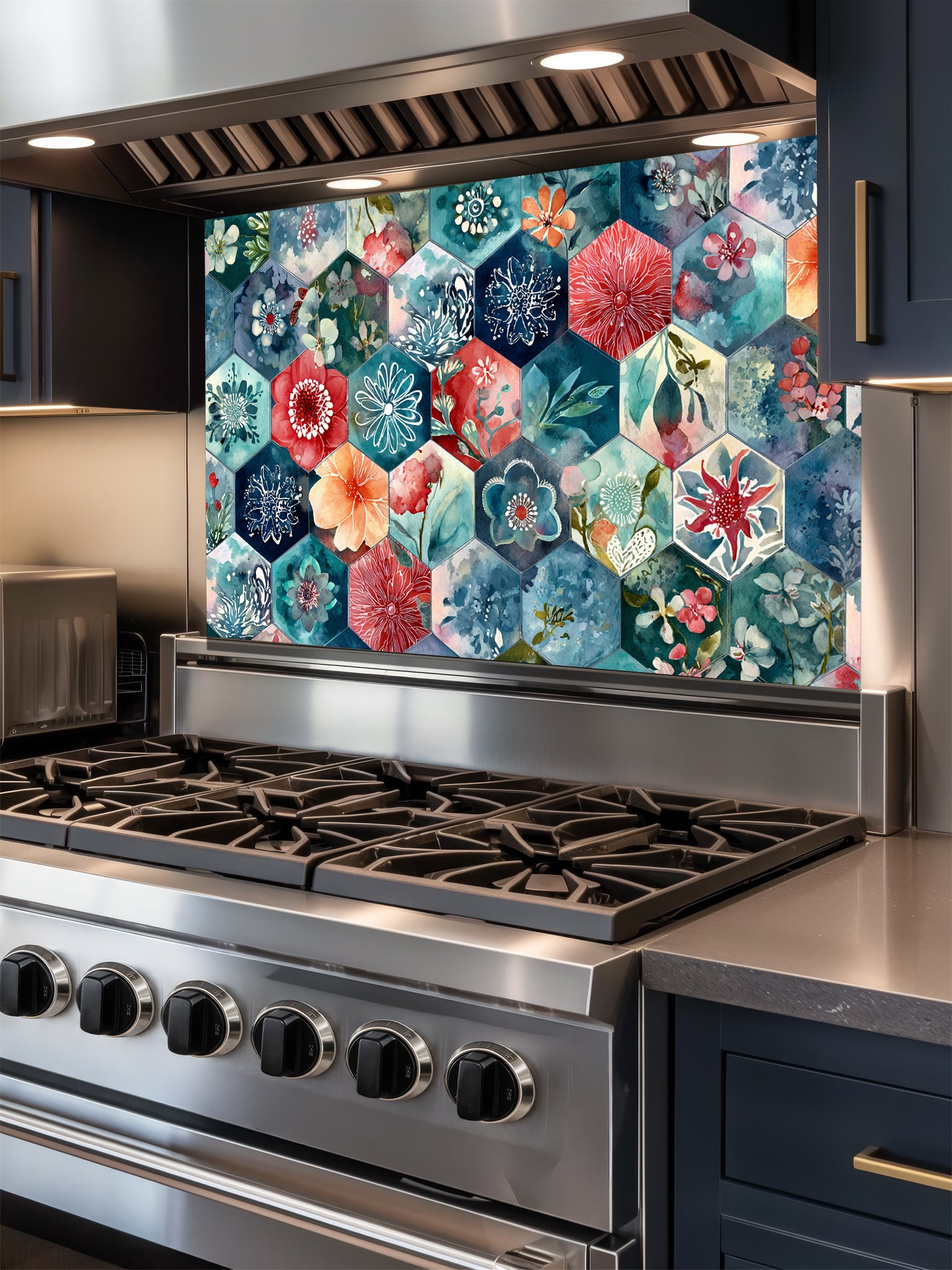 Tempered glass kitchen backsplash featuring a highly realistic illusion of geometric hexagon tiles showcasing delicate, hand-painted style watercolor floral patterns in navy blue, teal, coral red, and peach, installed behind a modern black stove.