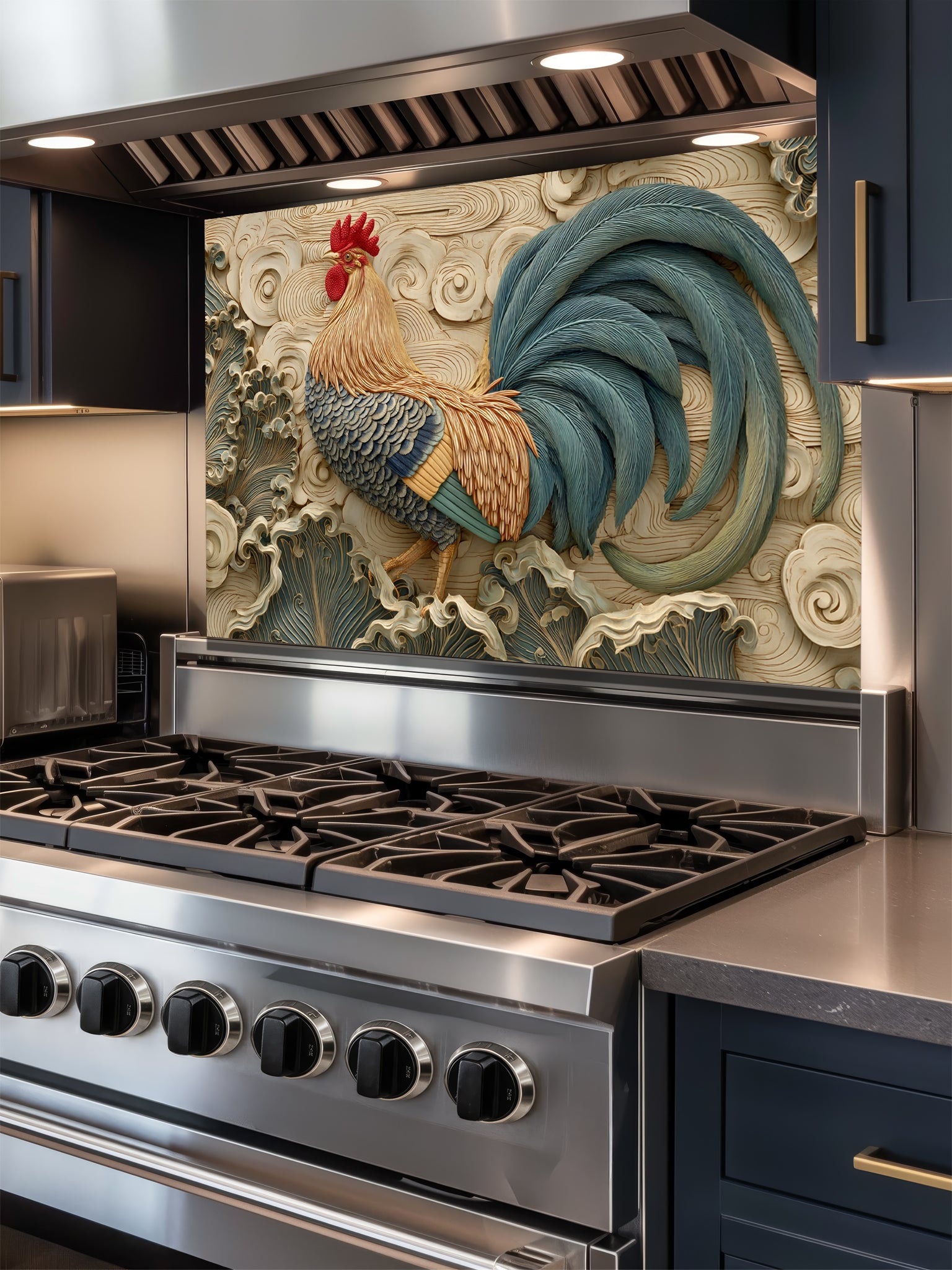 Tempered glass kitchen backsplash featuring a highly realistic 3D illusion of an intricately carved bas-relief sculpture showing a proud rooster with teal and amber feathers against a dynamic background of flowing, stylized swirling clouds and wind motifs in warm cream tones, installed behind a modern black stove.