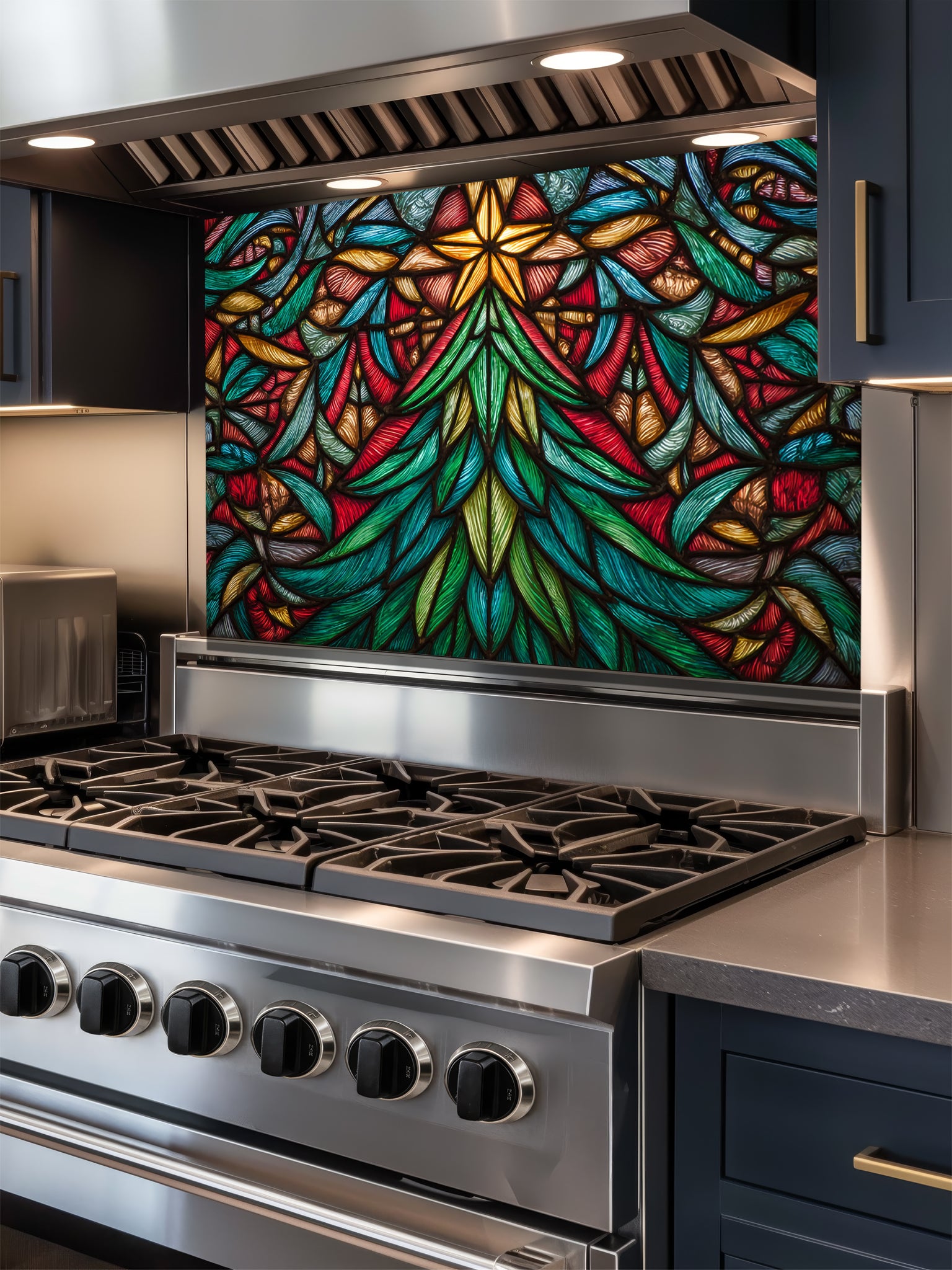Tempered glass kitchen backsplash featuring a highly realistic 3D illusion of stained glass art showing a vibrant, symmetrical geometric Christmas tree with a glowing gold star at the top in rich jewel tones of emerald green, ruby red, and amber, installed behind a modern black stove.