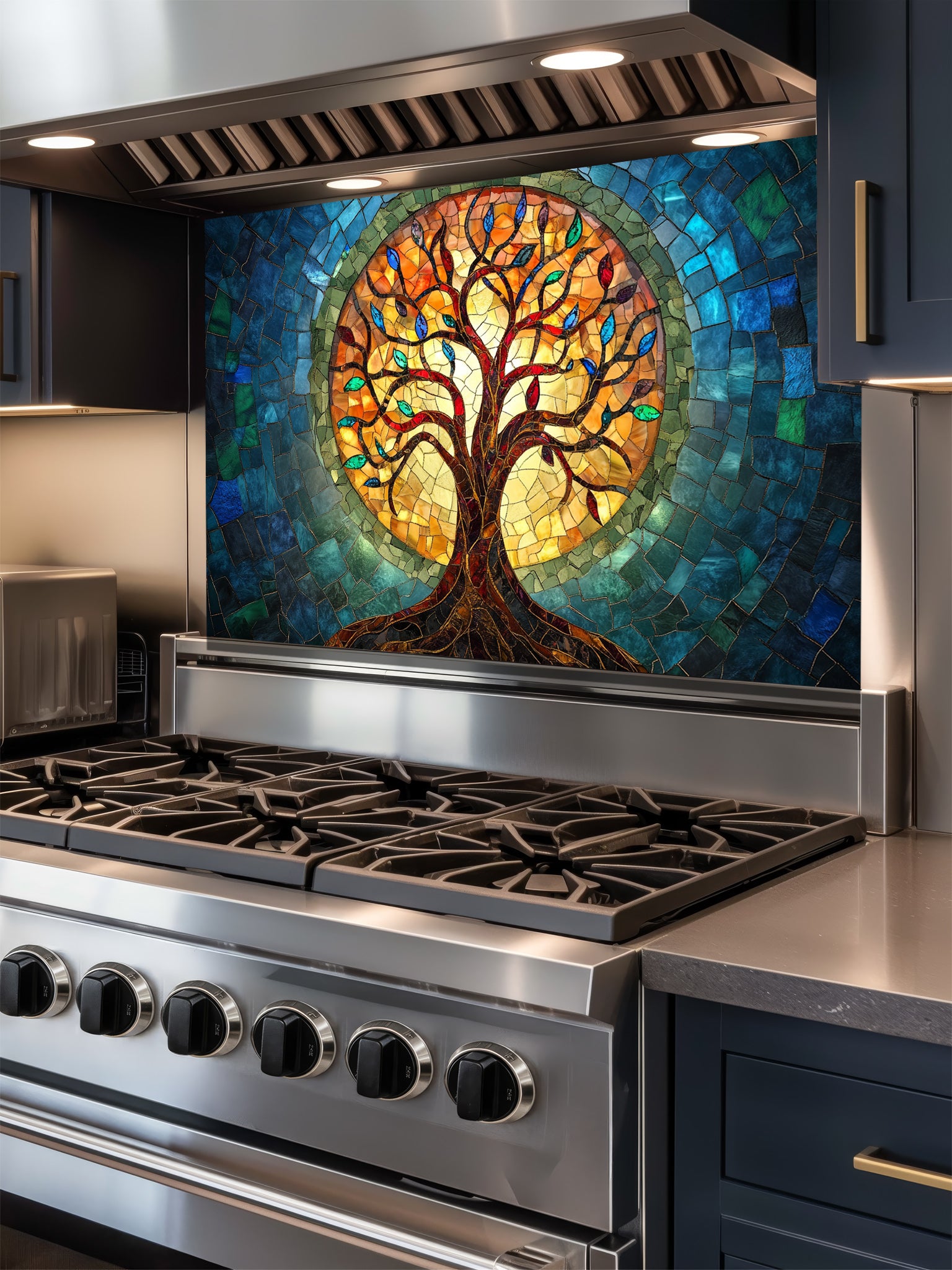 Stained glass mosaic style Tree of Life with vibrant blue, teal, and glowing amber colors, UV printed on a smooth tempered glass kitchen backsplash, installed behind a modern stove.