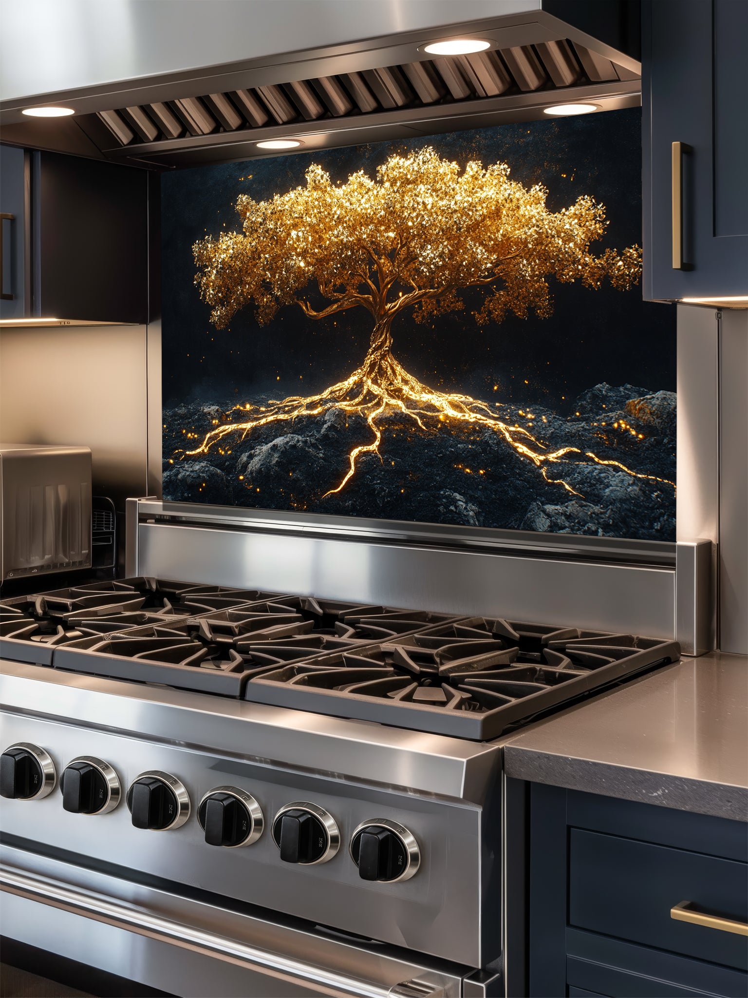 Faux glowing golden tree of life with illuminated roots on a dark mystical background, UV printed on a smooth tempered glass kitchen backsplash.