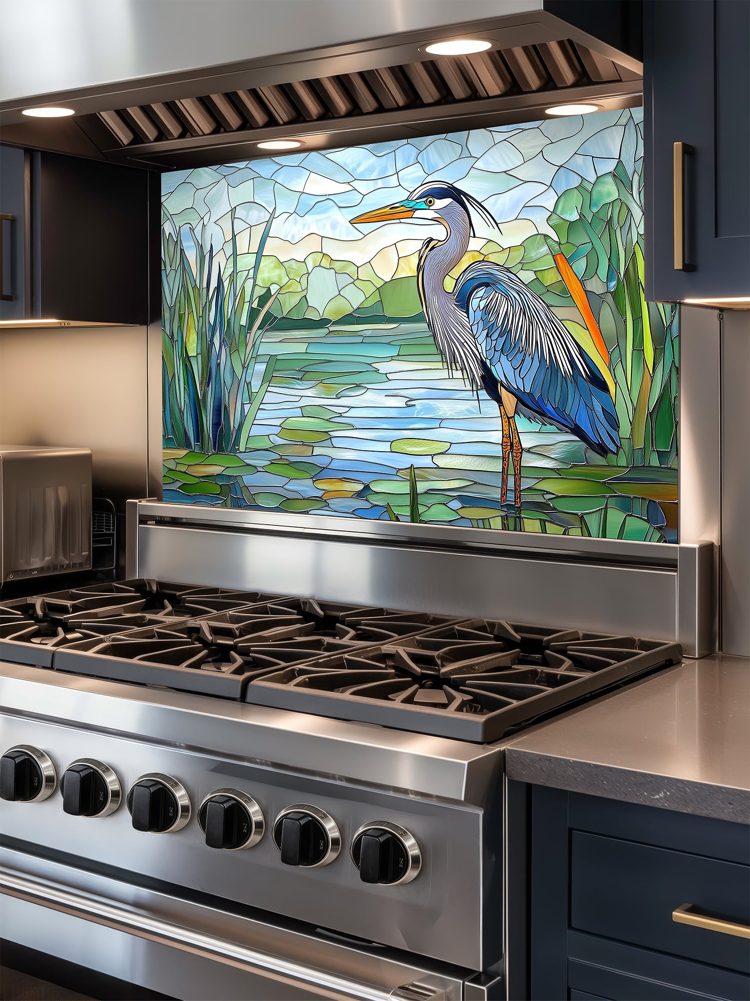 Tempered glass kitchen backsplash featuring a bright faux stained glass design of a majestic blue heron standing among lily pads against a clear blue sky and tranquil wetland, installed behind a modern stainless steel stove.