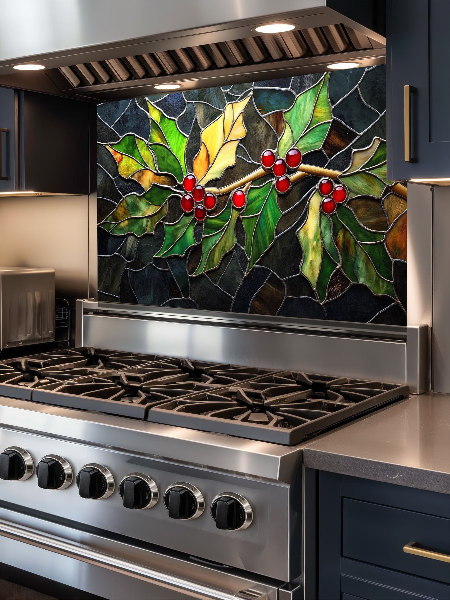Tempered glass kitchen backsplash featuring a highly realistic 3D illusion of stained glass art showing a winter branch with vibrant green and yellow holly leaves and glowing red berries against a dark textured background, installed behind a modern black stove.