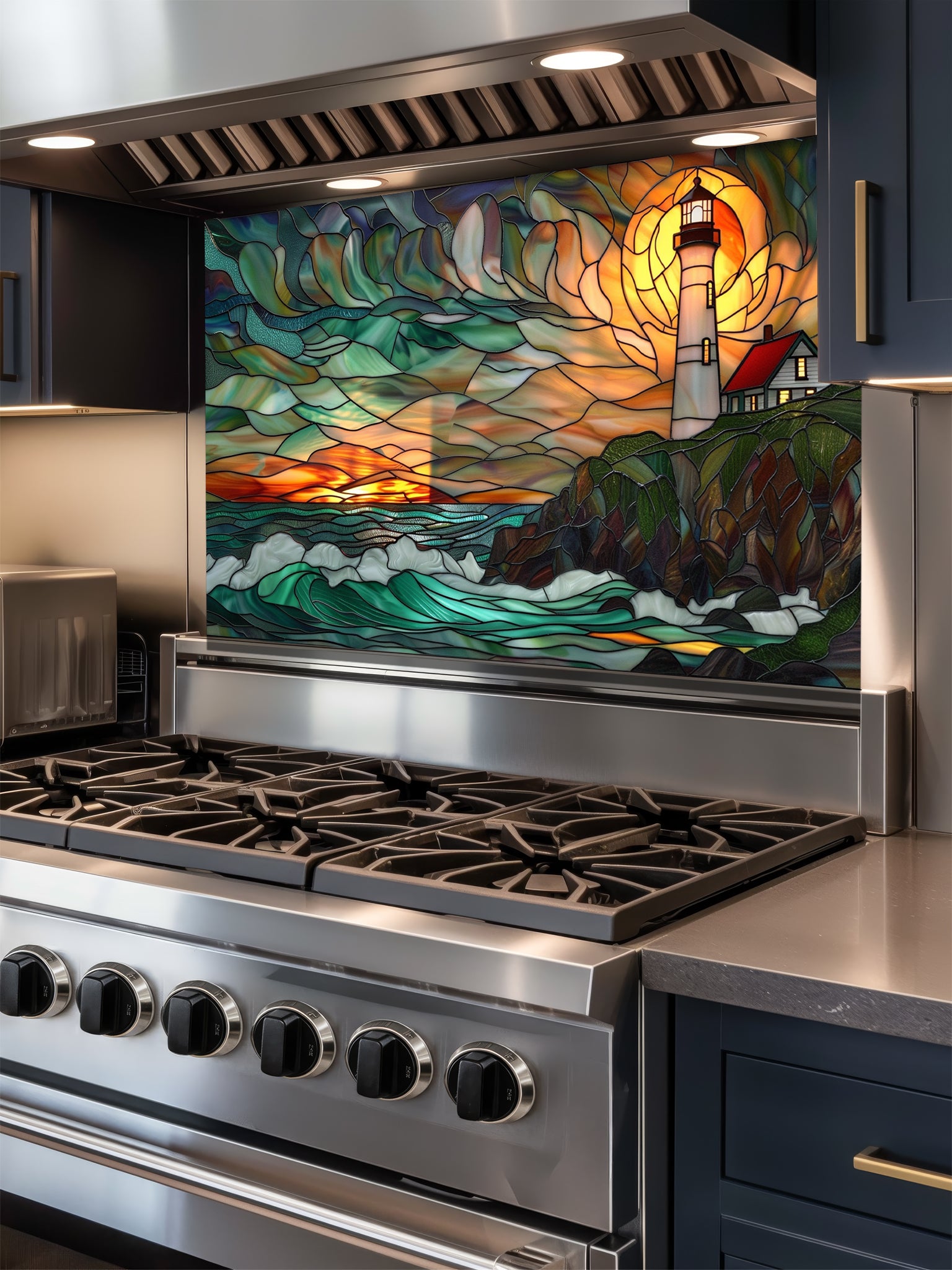 Tempered glass kitchen backsplash featuring a highly realistic 3D illusion of scenic stained glass art showing a classic lighthouse with a red roof on a rocky cliff overlooking turbulent teal ocean waves under a vibrant orange and amber sunset sky, installed behind a modern black stove.