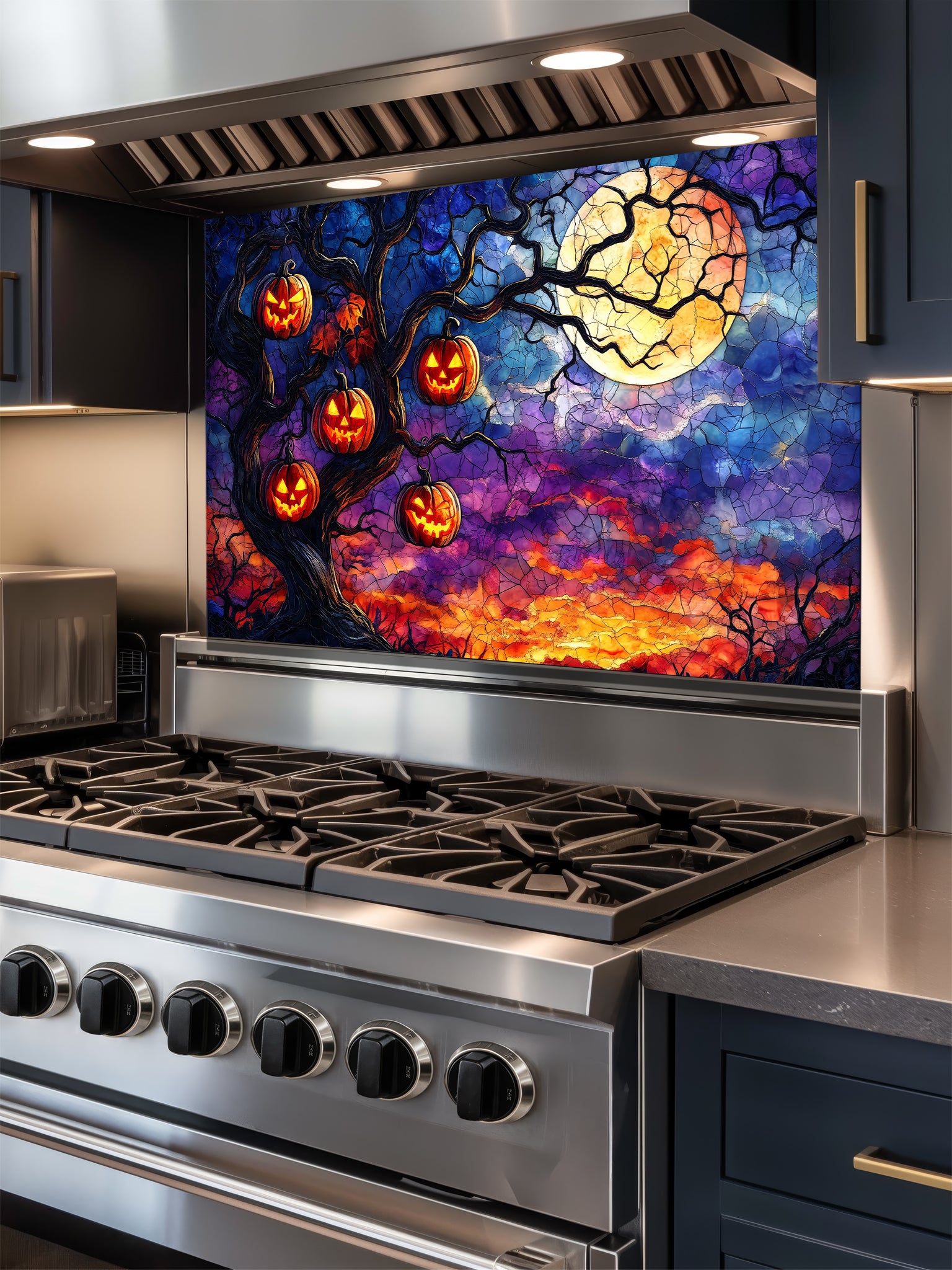 Stainless steel stove with a colorful stained glass-style backsplash featuring pumpkins and a moon.